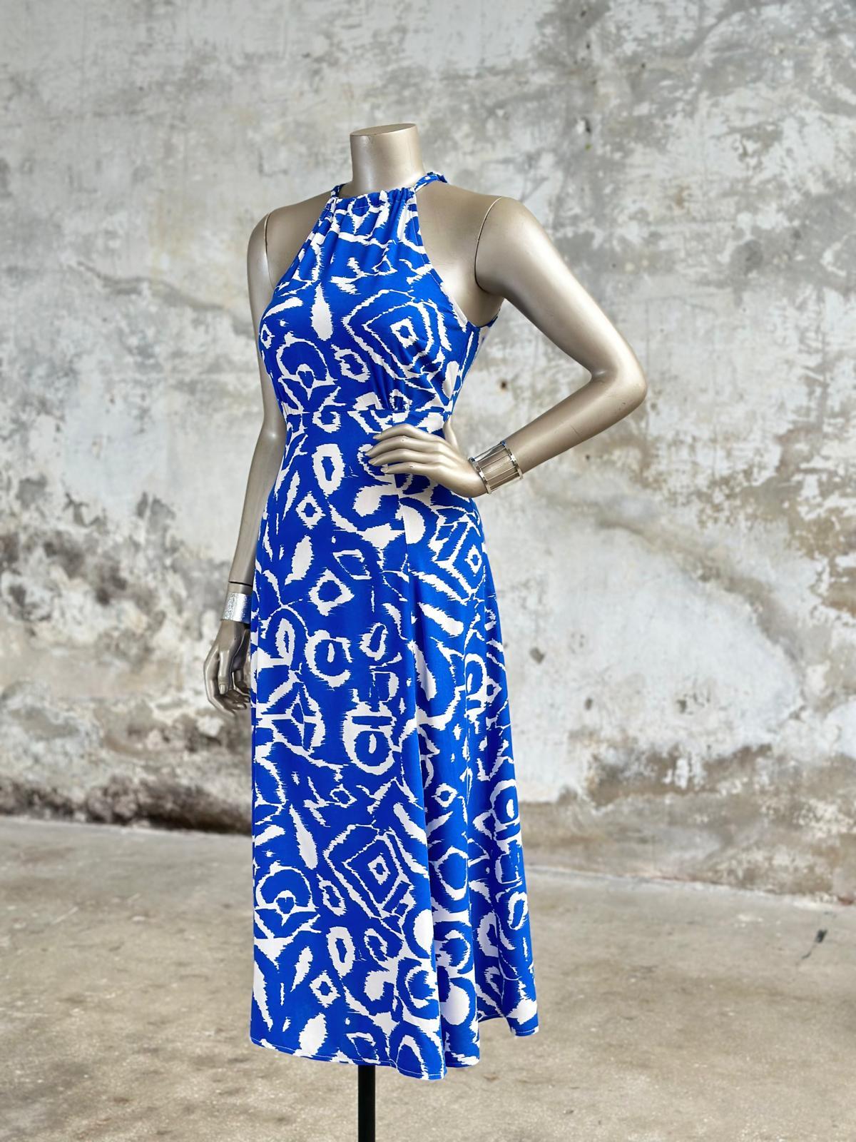 Halter Yaka Desenli Keten Elbise (Saks)