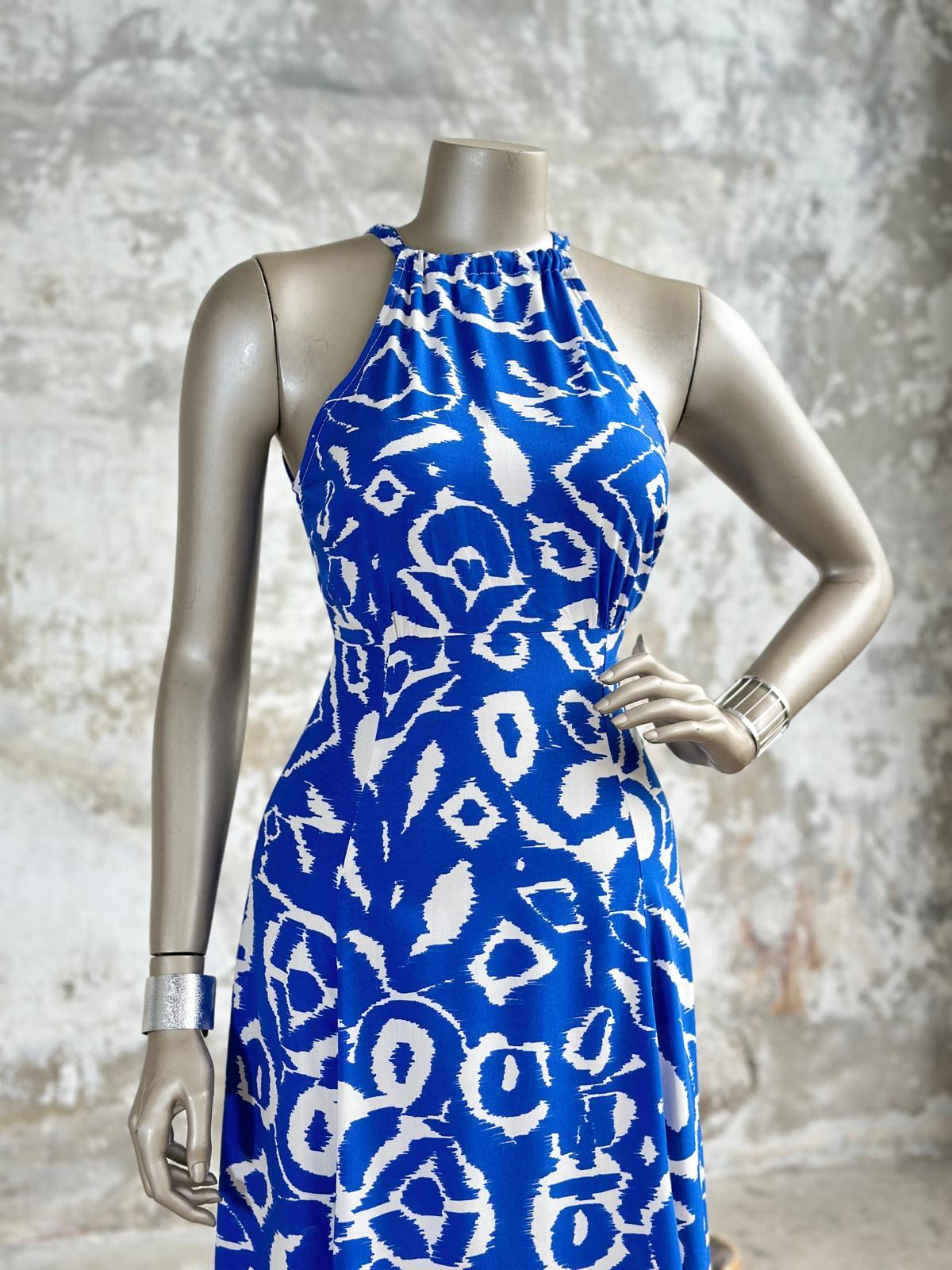 Halter Yaka Desenli Keten Elbise (Saks)