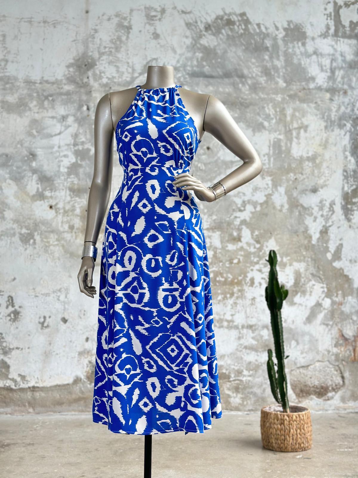 Halter Yaka Desenli Keten Elbise (Saks)