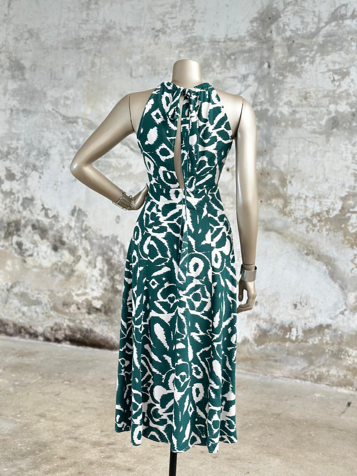 Halter Yaka Desenli Keten Elbise (Zümrüt Yeşili)