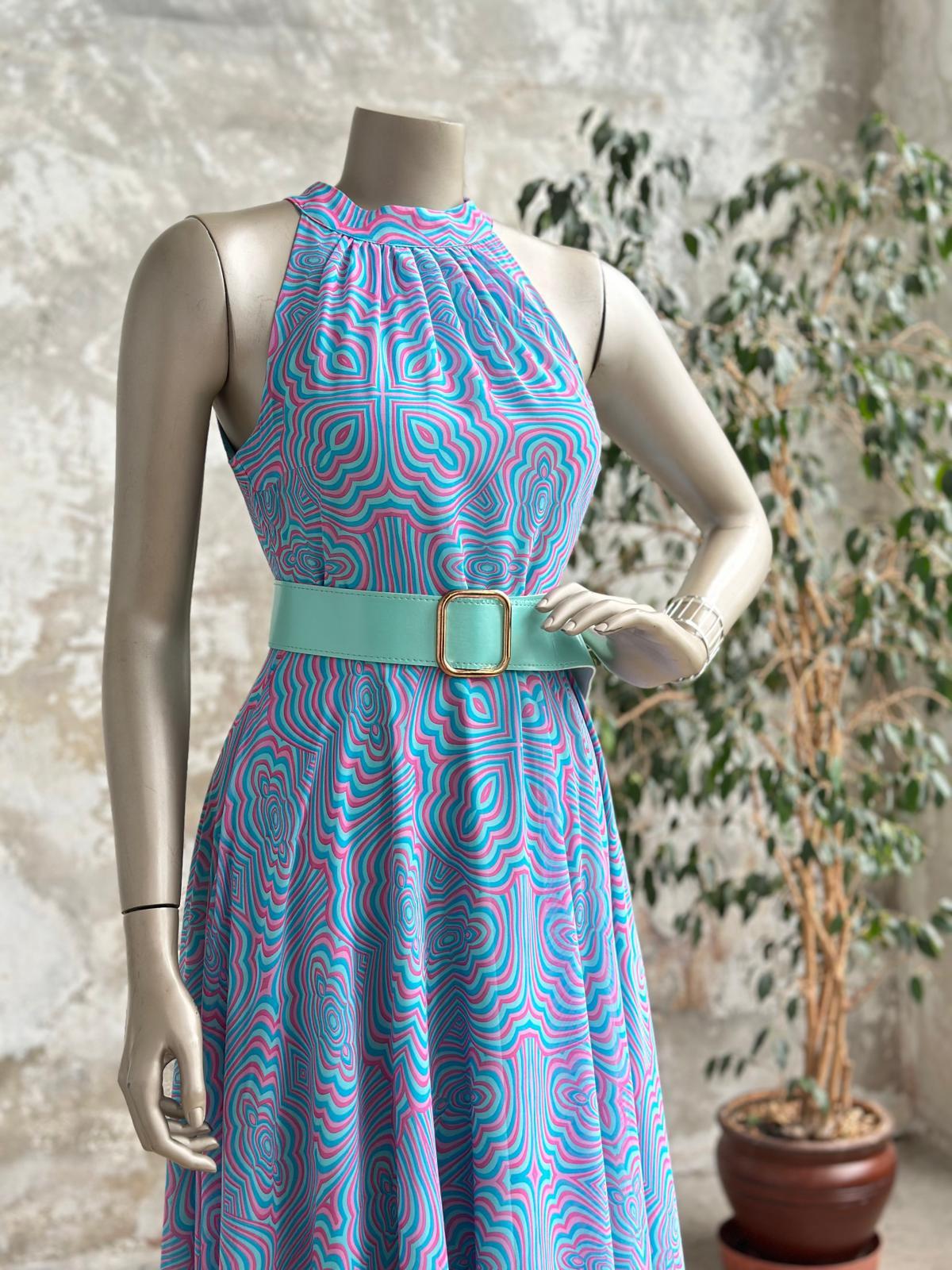 Halter Yaka Kemerli Şifon Elbise (Mavi)