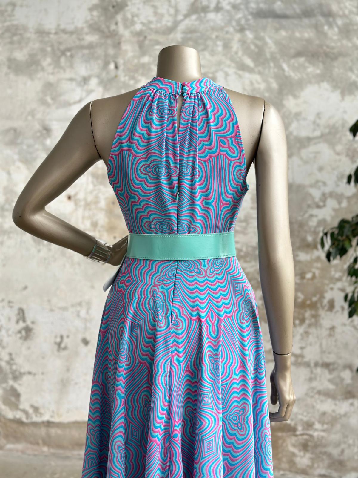 Halter Yaka Kemerli Şifon Elbise (Mavi)
