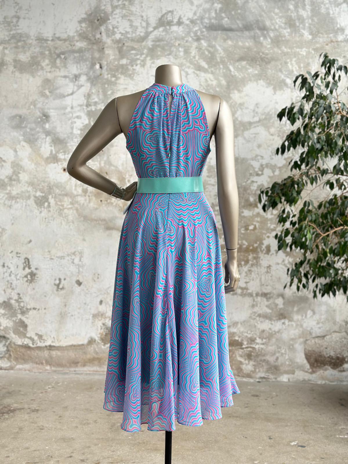 Halter Yaka Kemerli Şifon Elbise (Mavi)