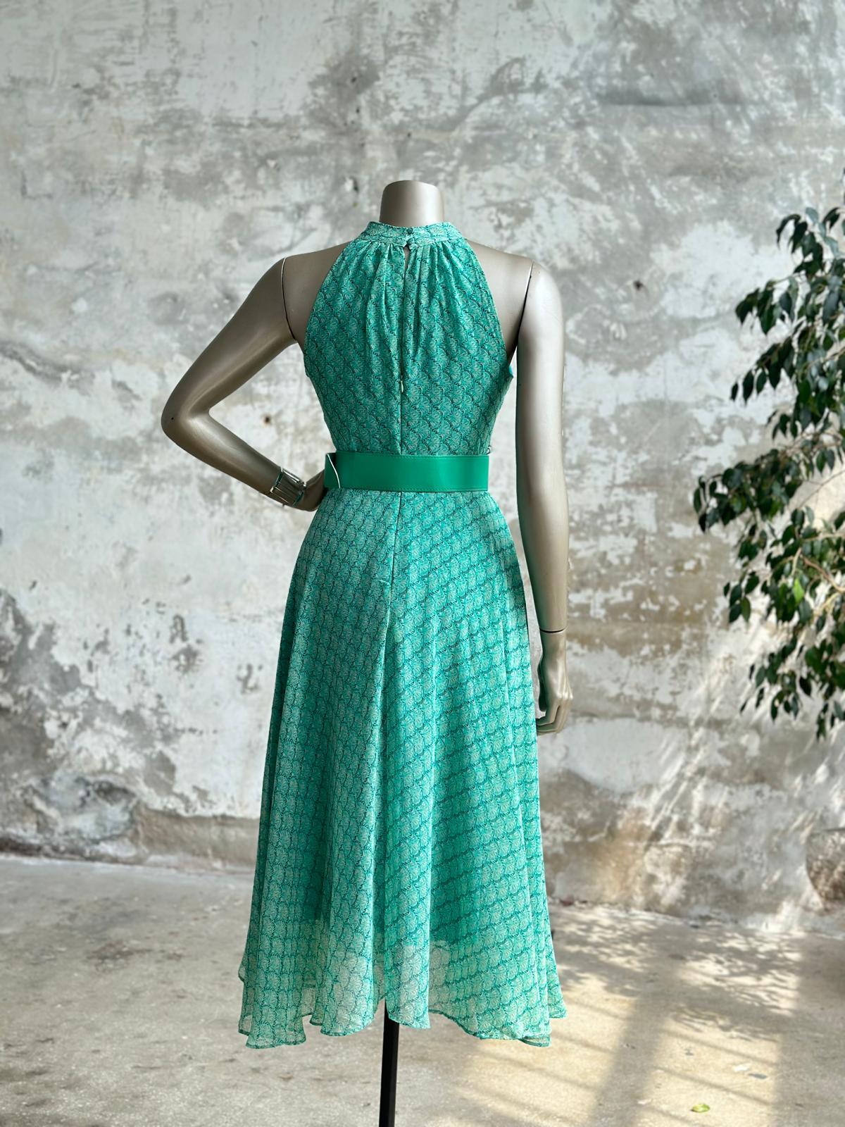 Halter Yaka Kemerli Şifon Elbise (Yeşil)
