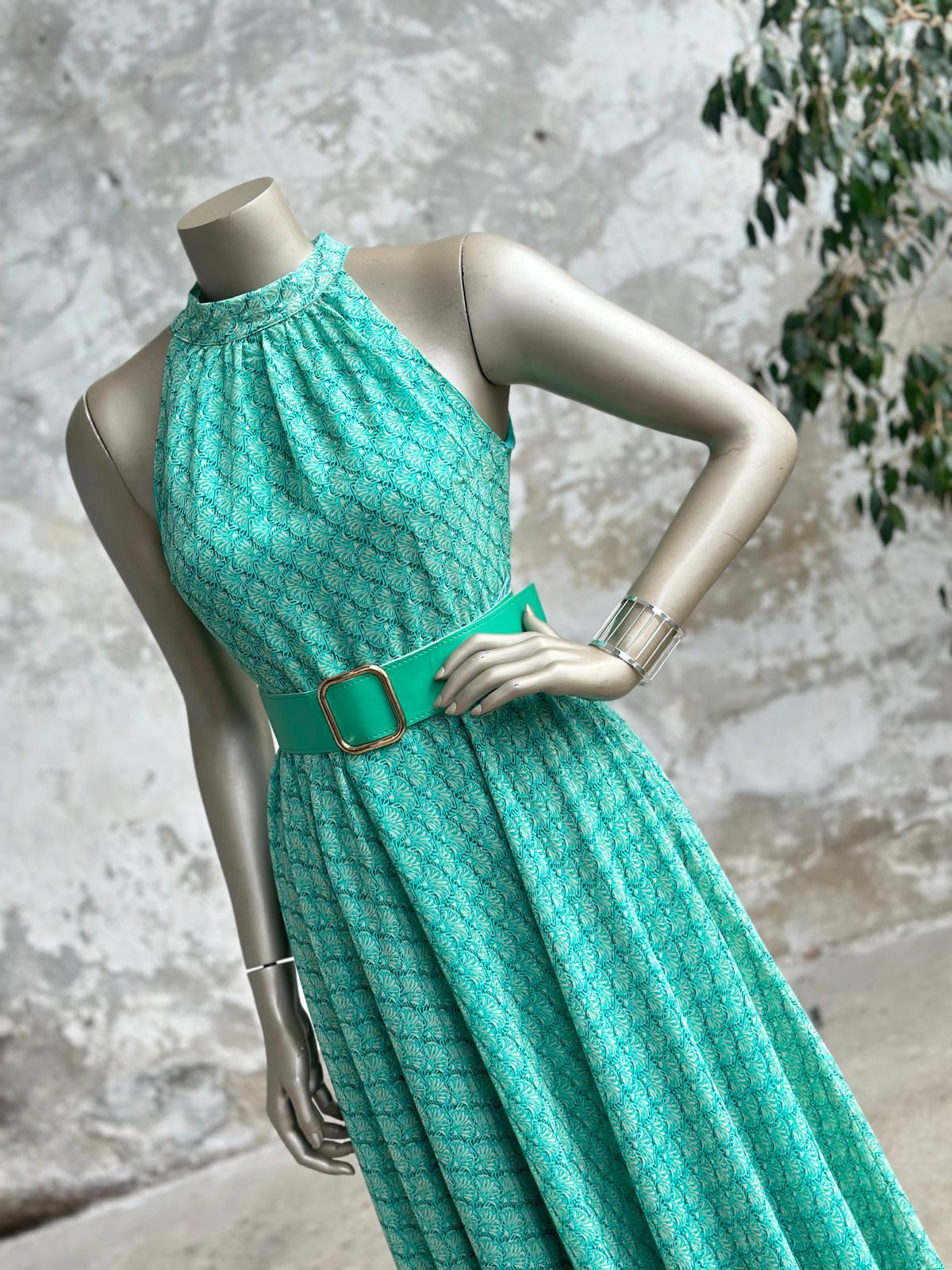 Halter Yaka Kemerli Şifon Elbise (Yeşil)