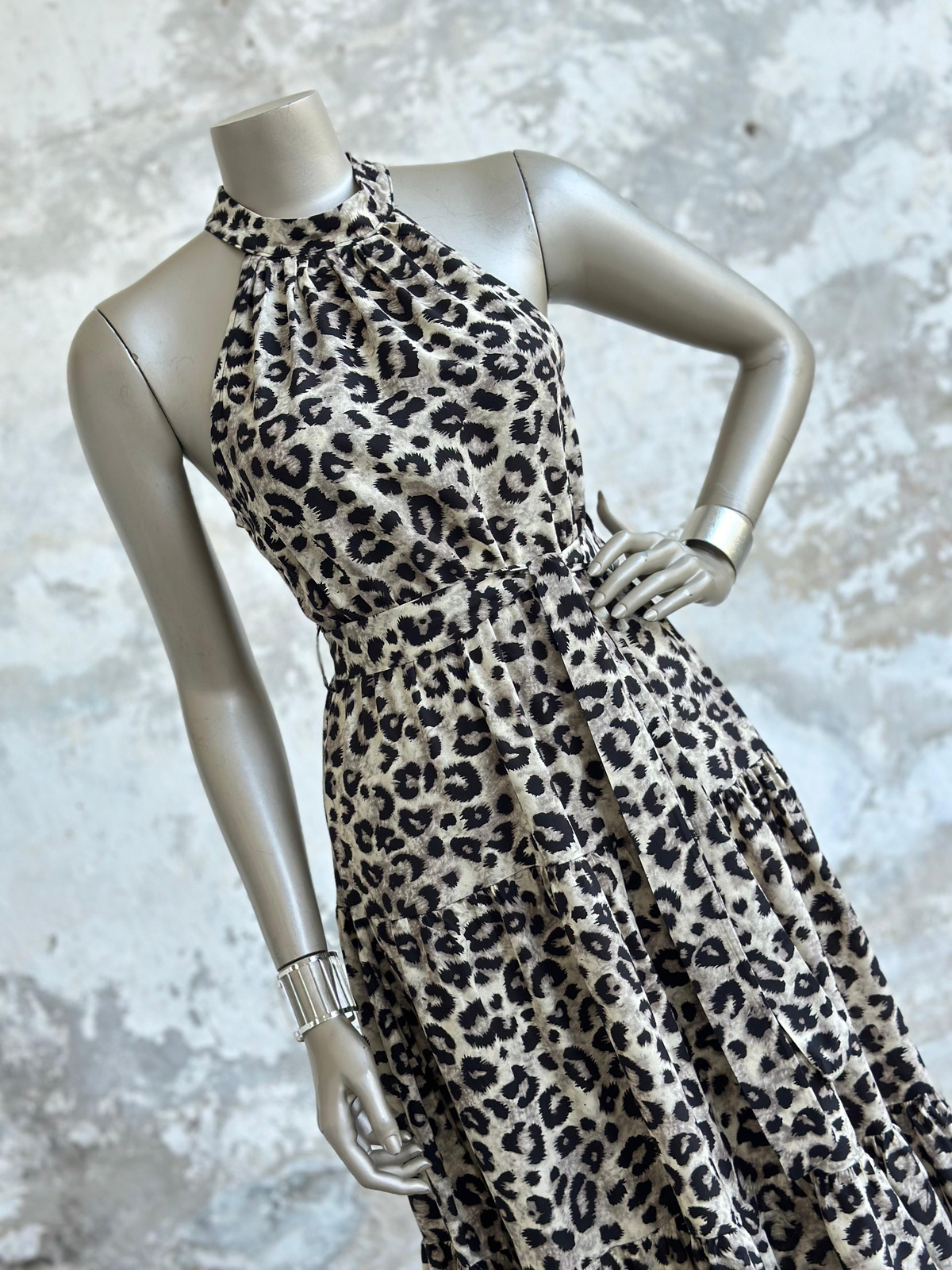 Halter Yaka Leopar Desen Belden Lastikli Elbise (Kahve)