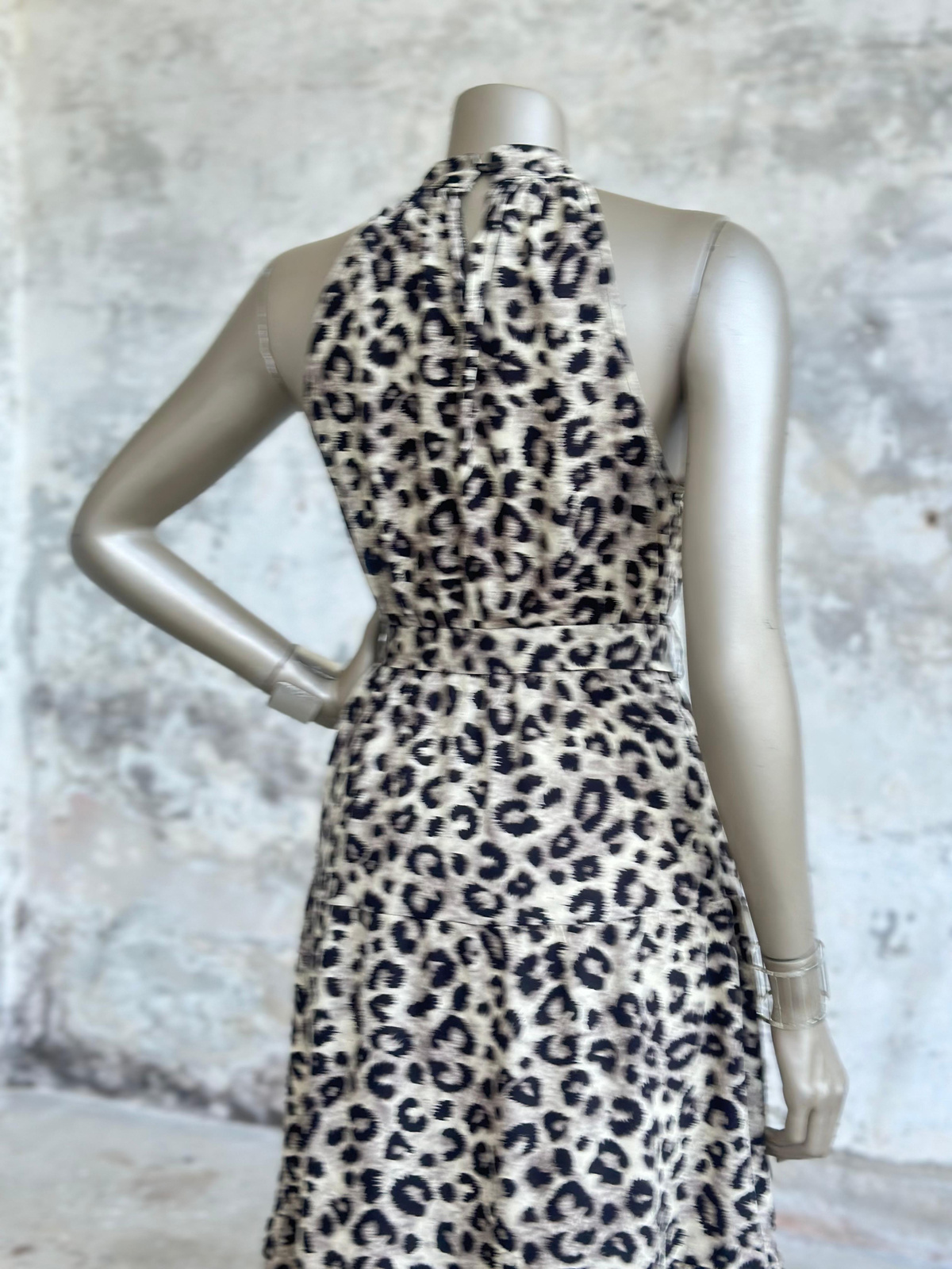 Halter Yaka Leopar Desen Belden Lastikli Elbise (Kahve)