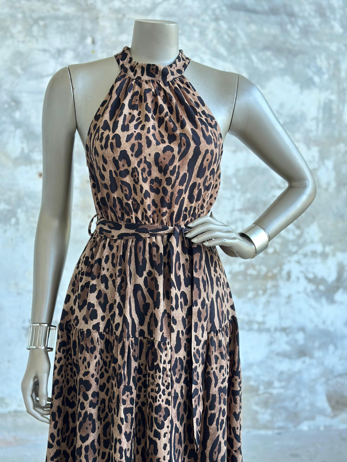 Halter Yaka Leopar Desen Belden Lastikli Elbise (Koyu Kahve)