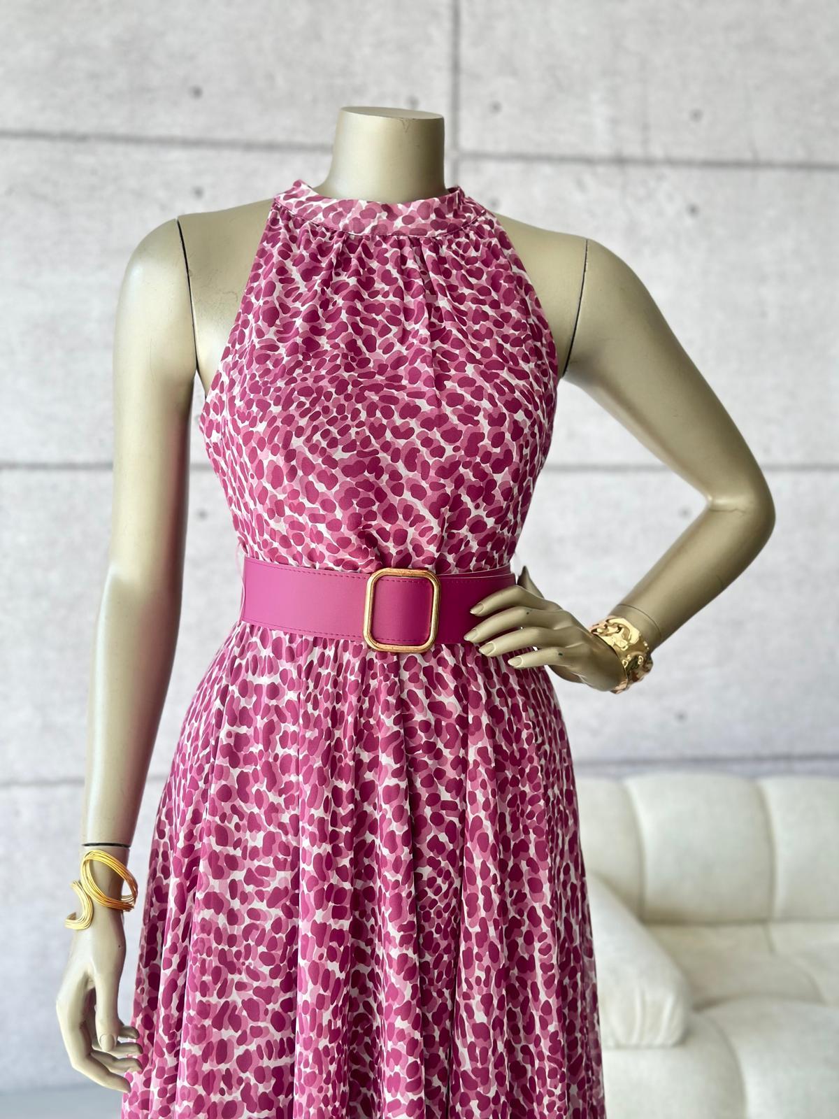 Halter Yaka Leopar Desenli Kemerli Şifon Elbise (Mor)