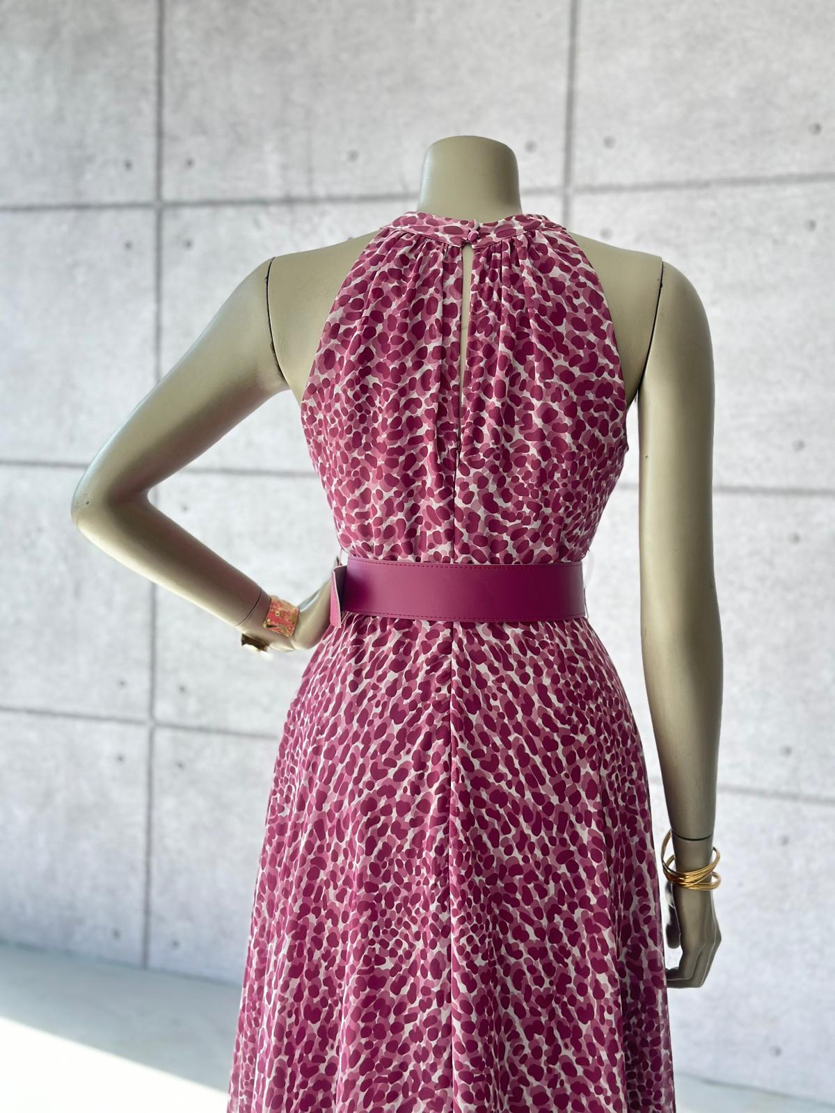 Halter Yaka Leopar Desenli Kemerli Şifon Elbise (Mor)