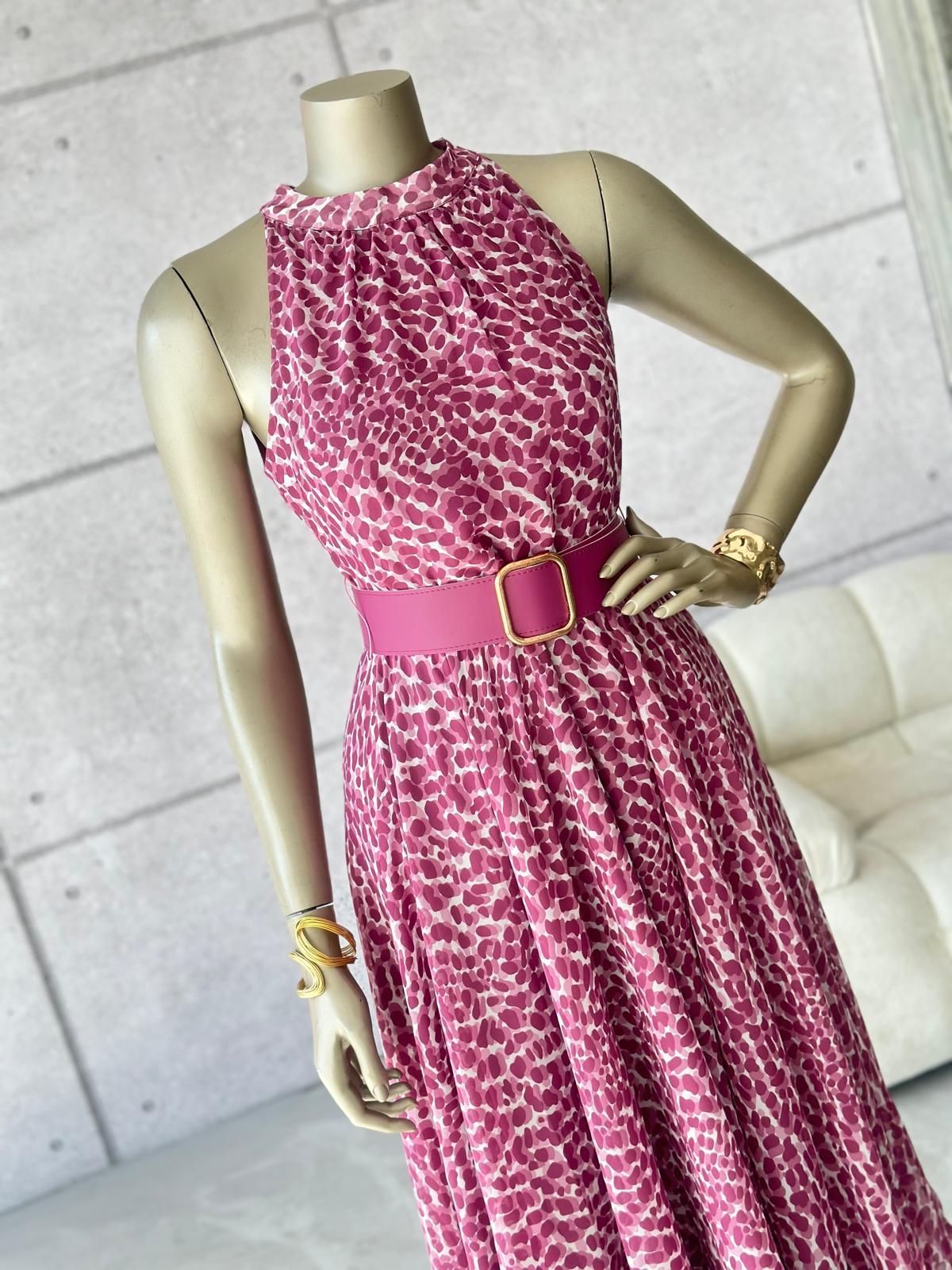 Halter Yaka Leopar Desenli Kemerli Şifon Elbise (Mor)