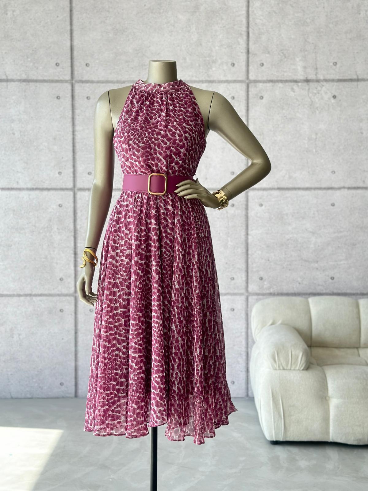Halter Yaka Leopar Desenli Kemerli Şifon Elbise (Mor)