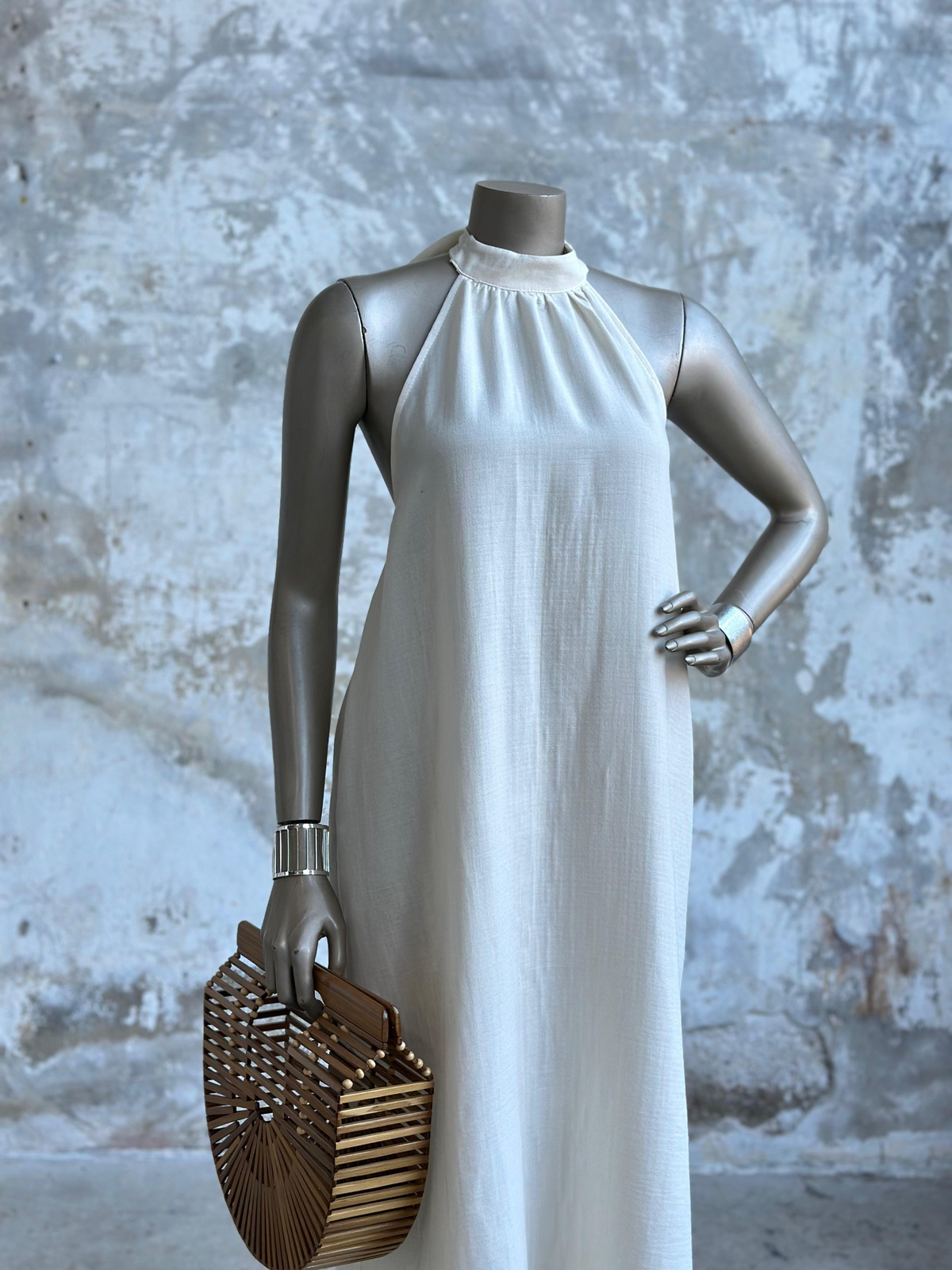 Halter Yaka Müslin Kumaş Elbise (Ekru)