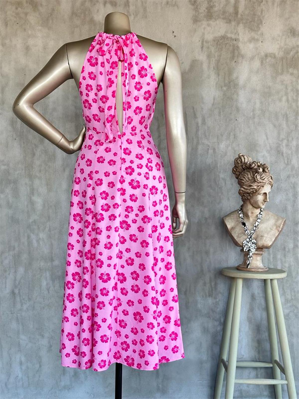 Halter Yaka Önden Çift Yırtmaçlı Elbise (Pembe)