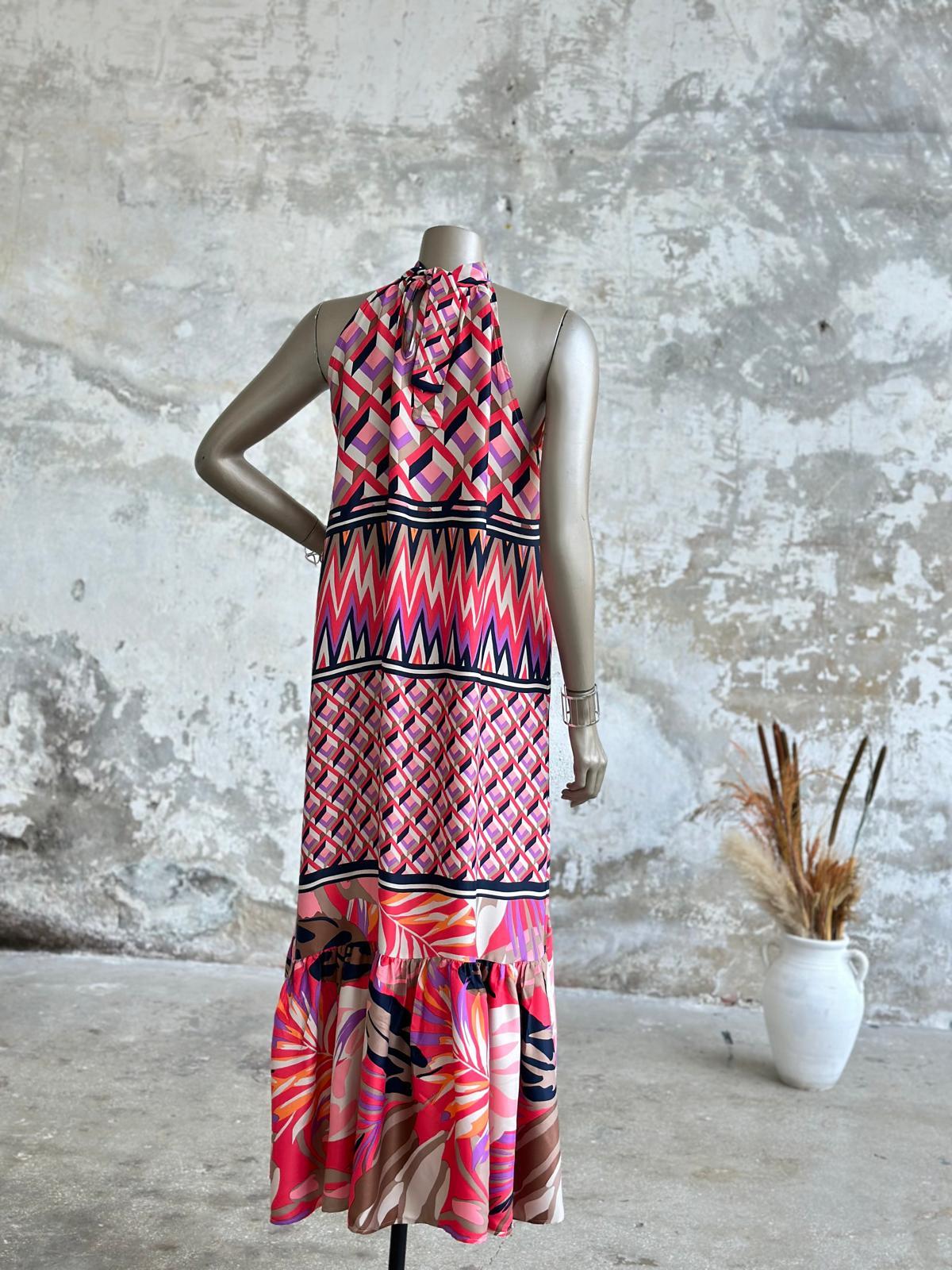 Halter Yaka Palmiye Desenli Elbise (Pembe)