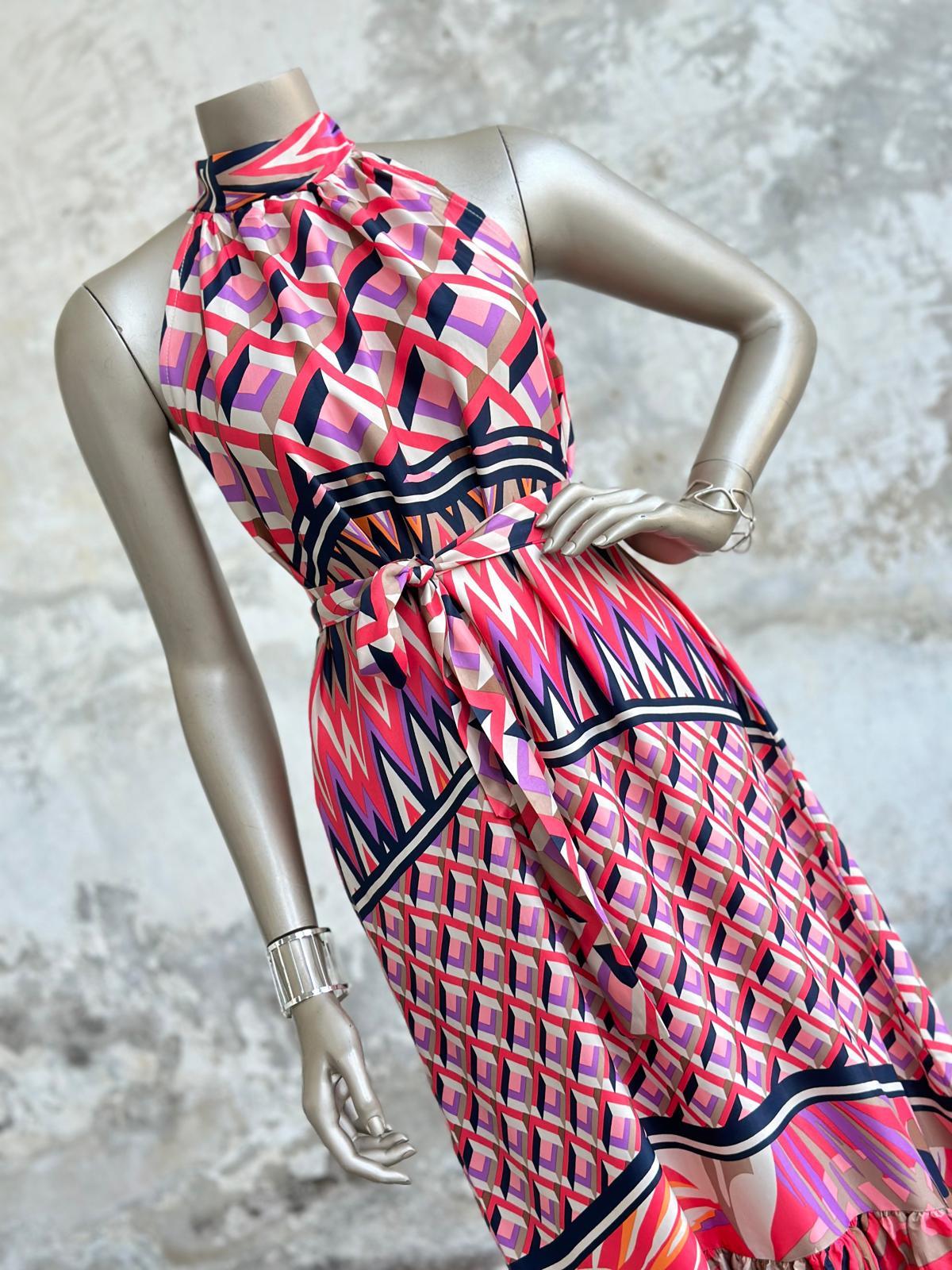 Halter Yaka Palmiye Desenli Elbise (Pembe)