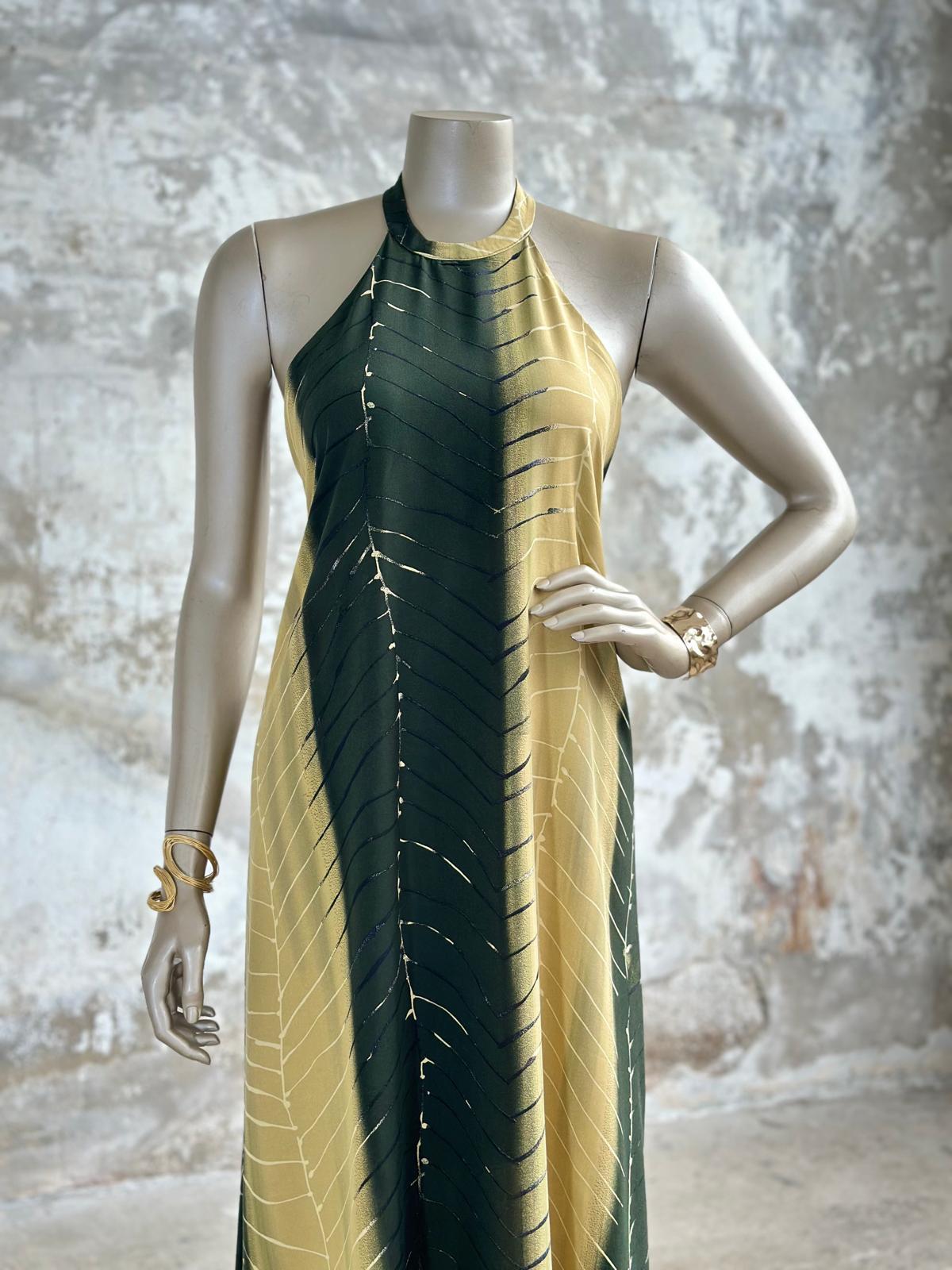 Halter Yakalı Sarmaşık Desenli Elbise (Yeşil)