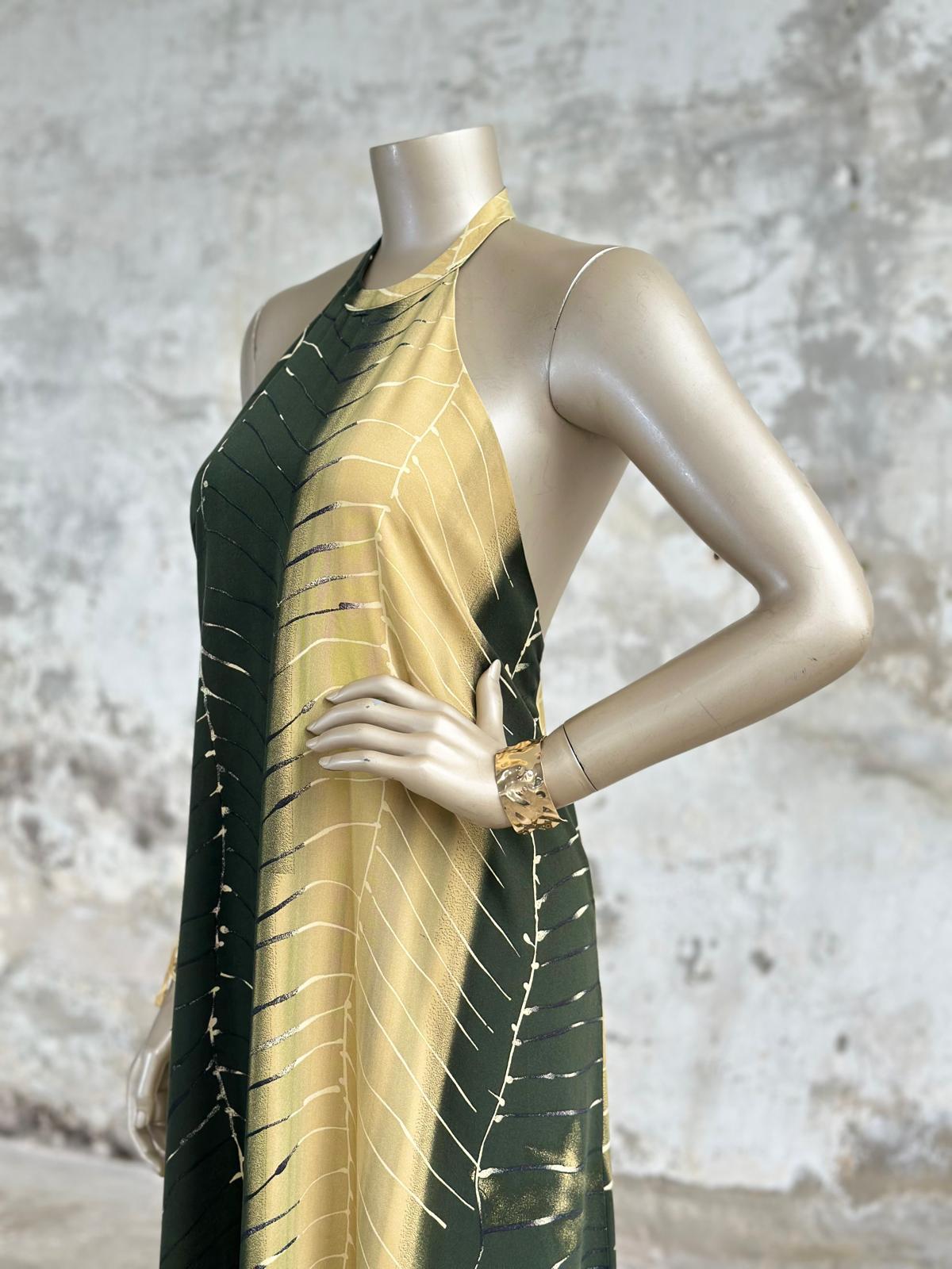 Halter Yakalı Sarmaşık Desenli Elbise (Yeşil)