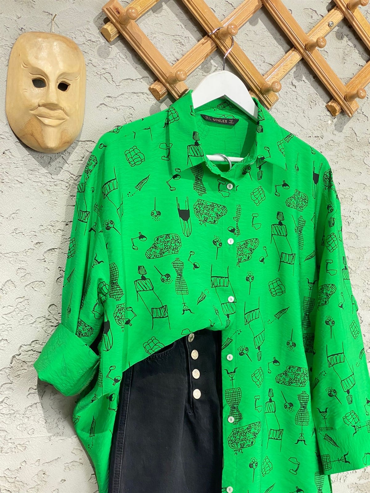 Hareket Baskılı İpekyol Gömlek (Yeşil)