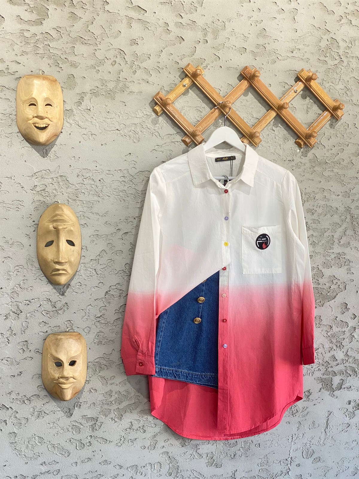 İki Renkli Tasarım Poplin Gömlek (Pembe)