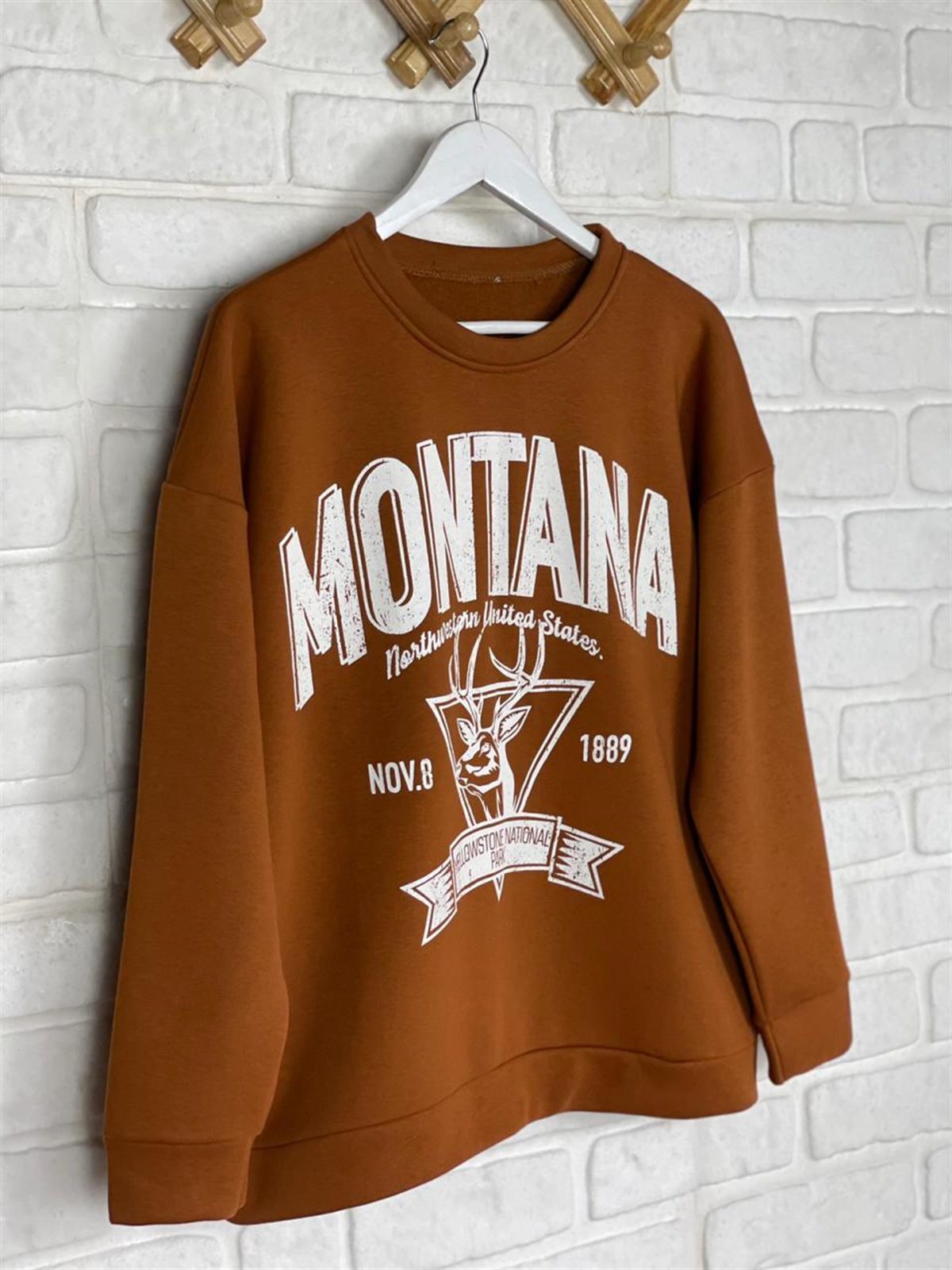 İkiiplik Kumaş İçi Şardonlu Yazı Baskılı Sweatshirt  (KİREMİT)