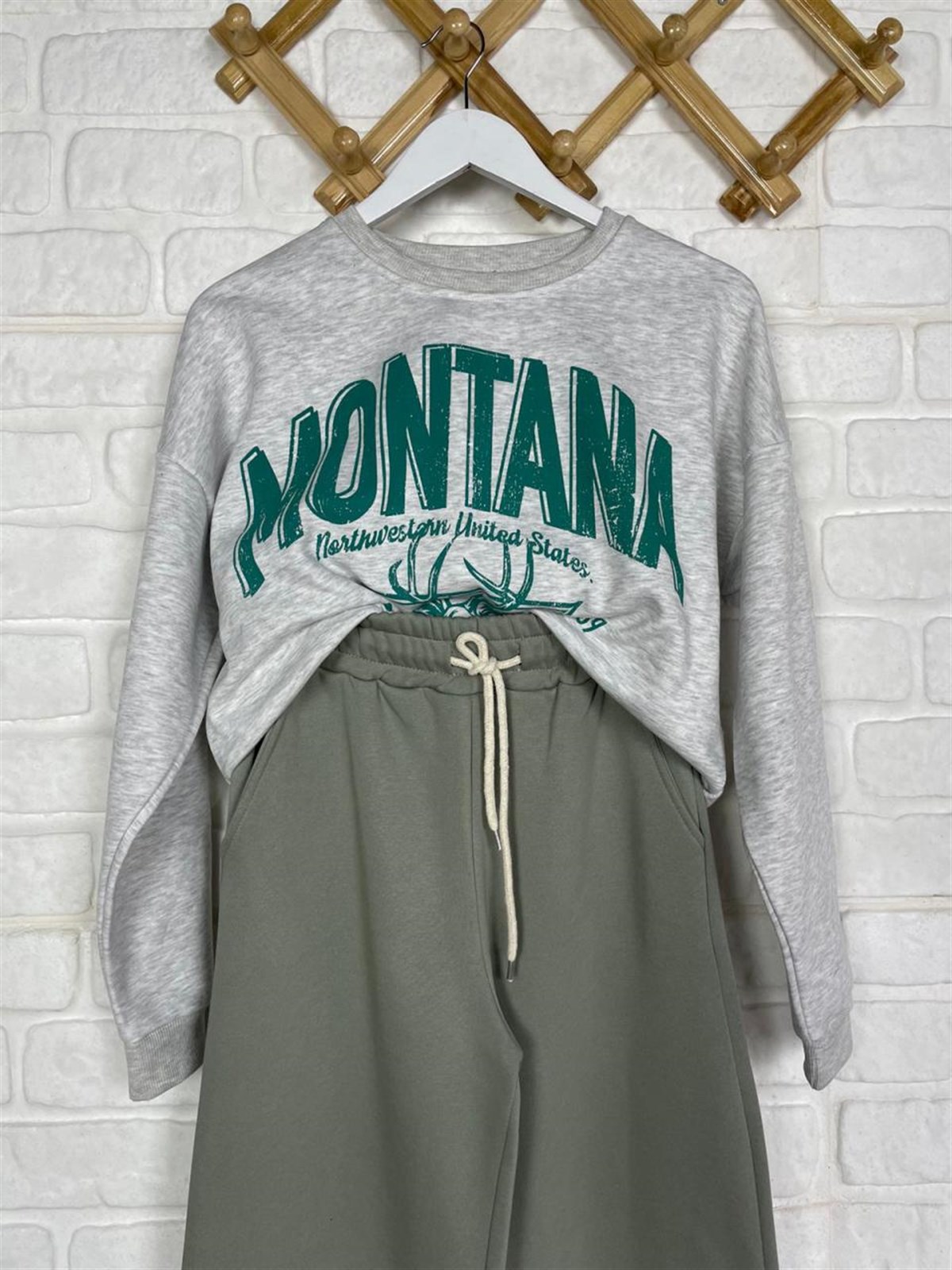 İkiiplik Kumaş İçi Şardonlu Yazı Baskılı Sweatshirt  (GRİ)