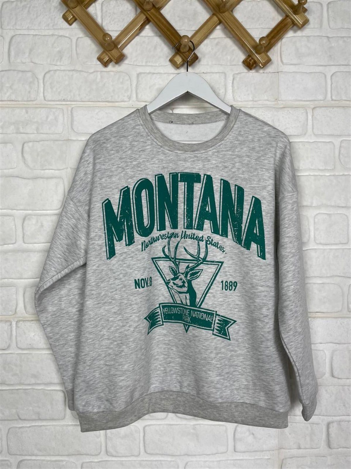 İkiiplik Kumaş İçi Şardonlu Yazı Baskılı Sweatshirt  (GRİ)
