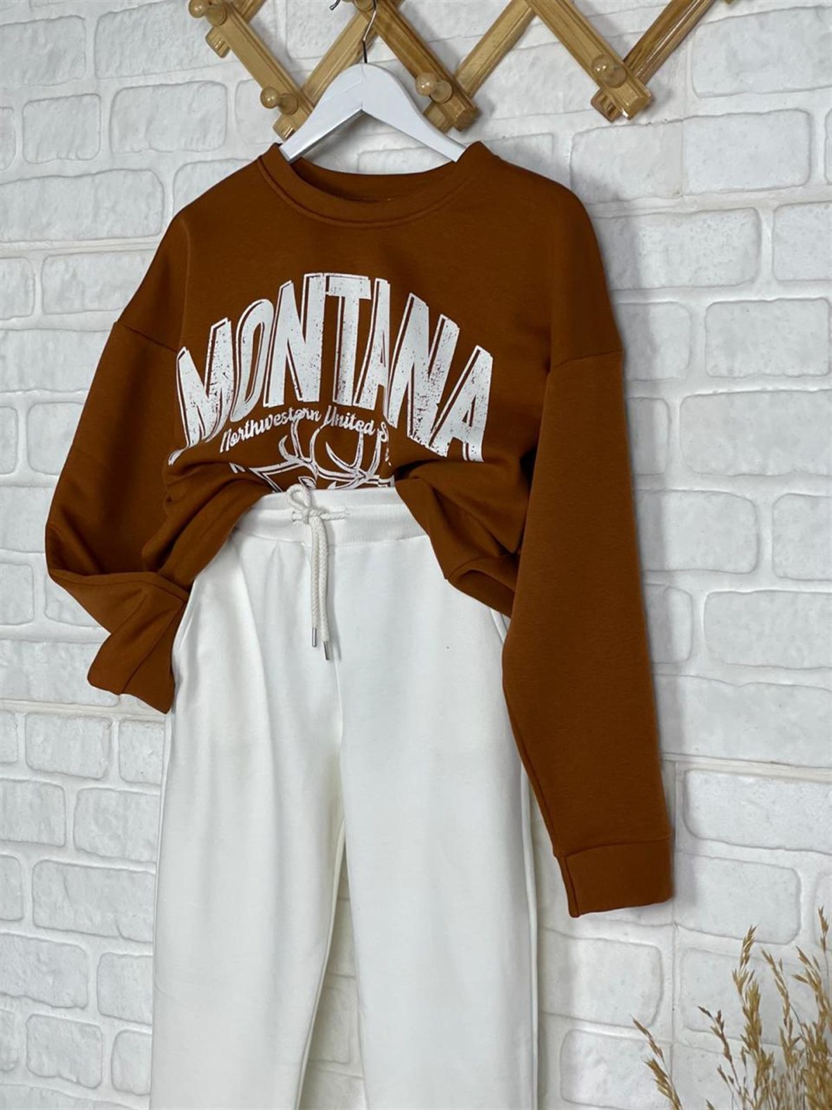 İkiiplik Kumaş İçi Şardonlu Yazı Baskılı Sweatshirt  (KİREMİT)