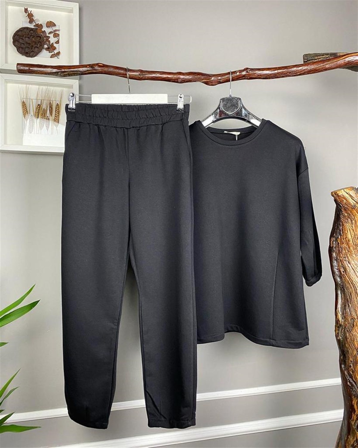 ikiiplik kumaş sweat takım (siyah)