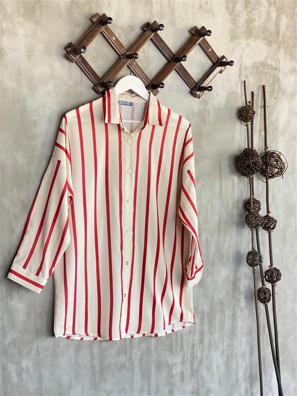 İnce Çizgili Tunik Gömlek (Kırmızı)
