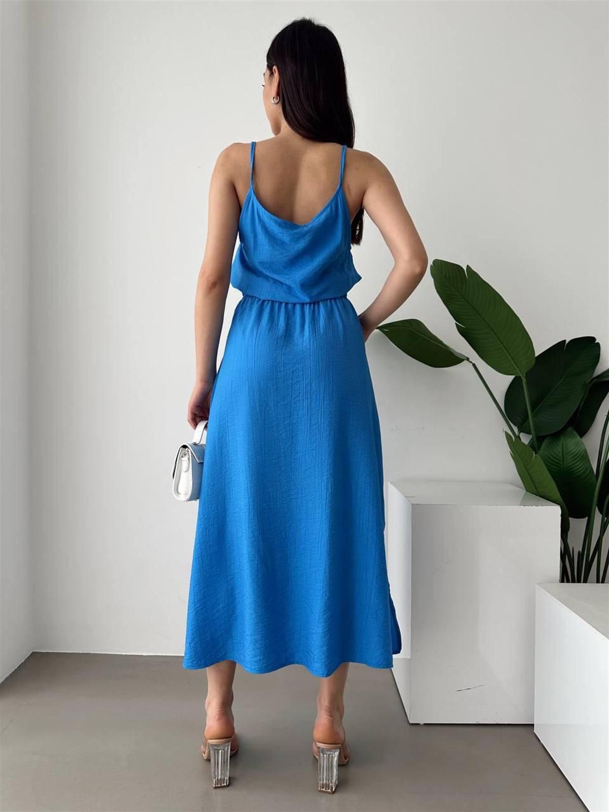 İp Askılı Beli Lastikli Gofre Kumaş Elbise (Mavi)