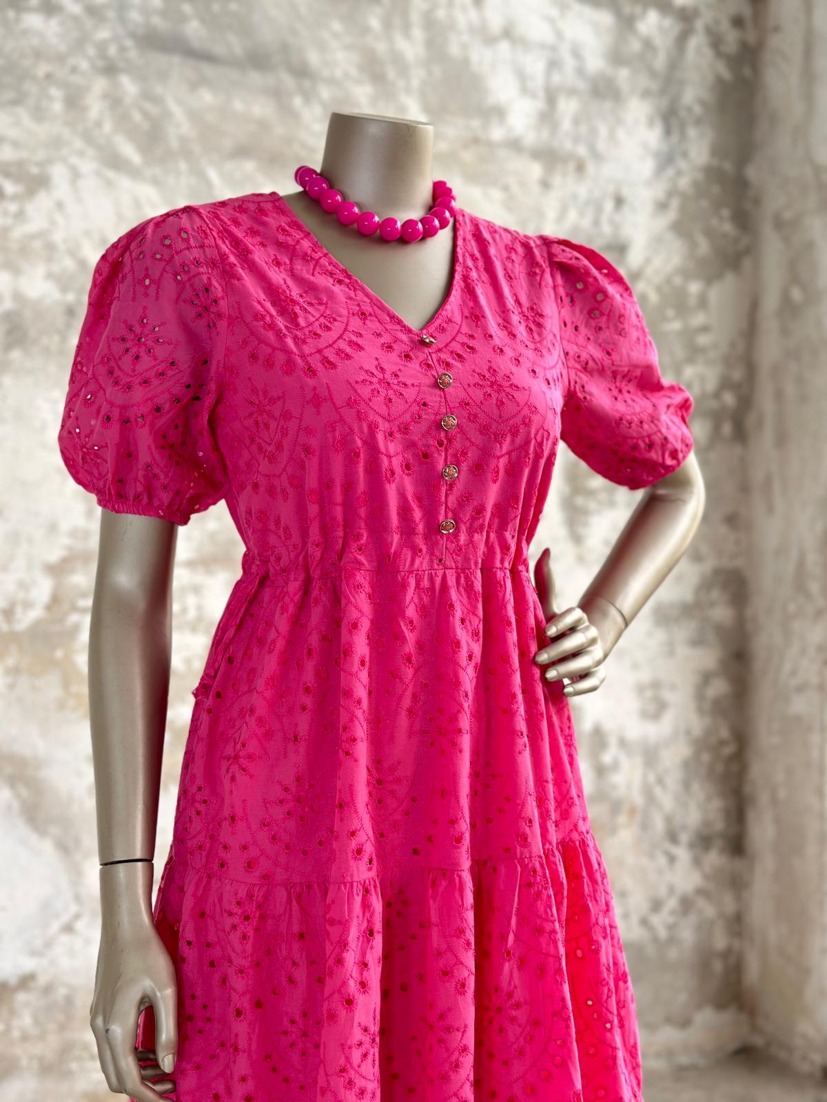 İthal Fisto Kumaş Bel Büzgülü Brode Elbise (Fuşya)