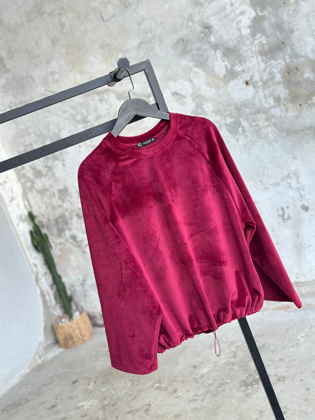 İthal Kadife Kumaş Büzgü Detaylı Sweat (Bordo)