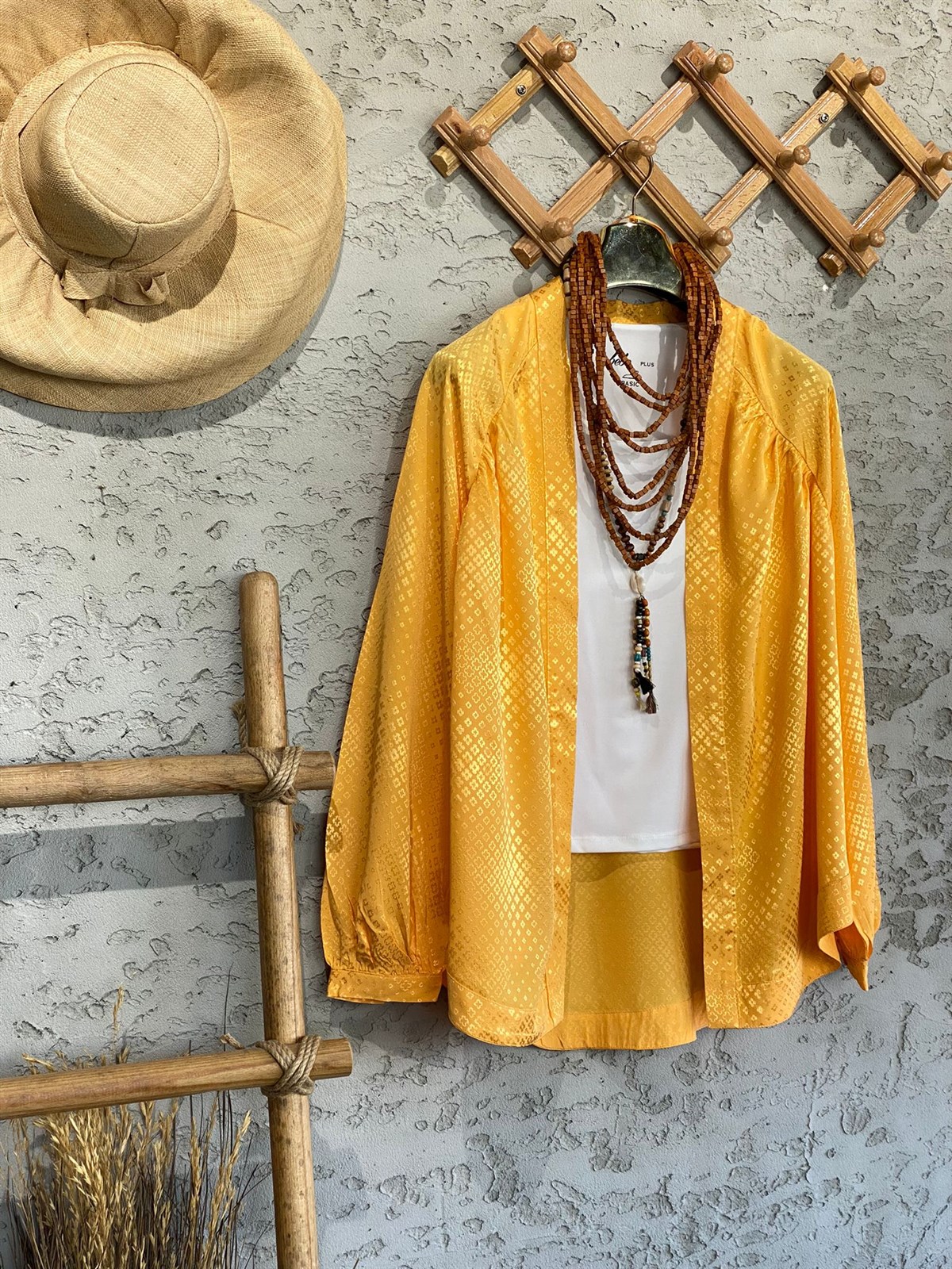 Jakarlı Parlak Saten Kimono (Hardal Sarı)
