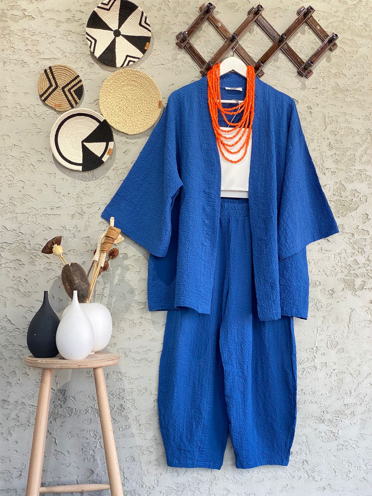 Kabartma Dokulu Kimono Takım (Lacivert)