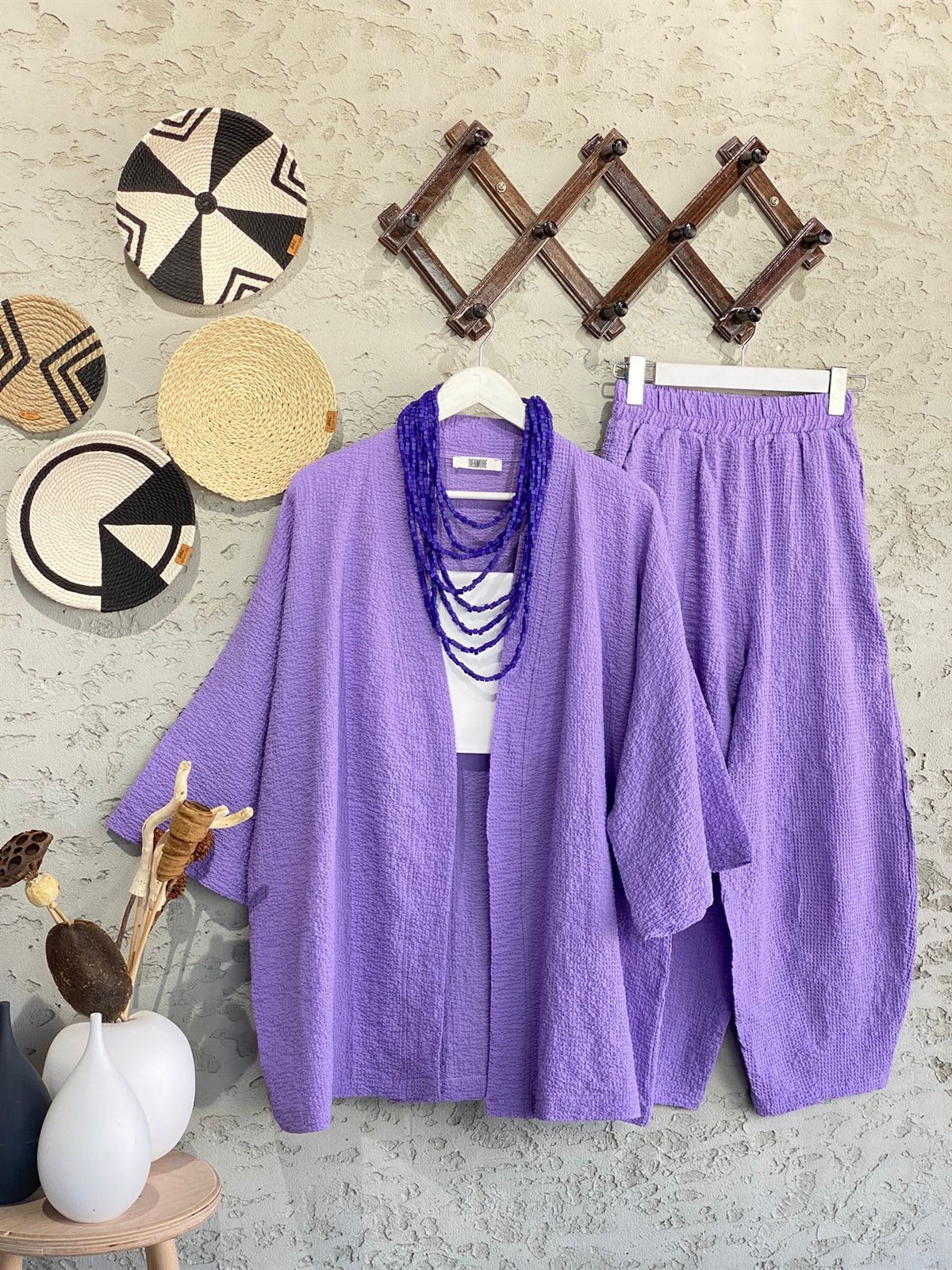 Kabartma Dokulu Kimono Takım (Lila)