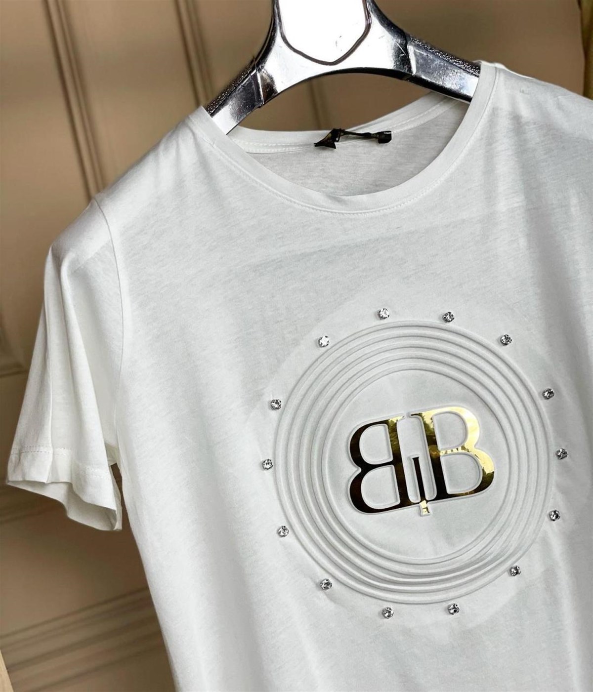 Kabartma Gold Baskılı ve Taş İşçilikli Penye Tshirt (SİYAH & EKRU)