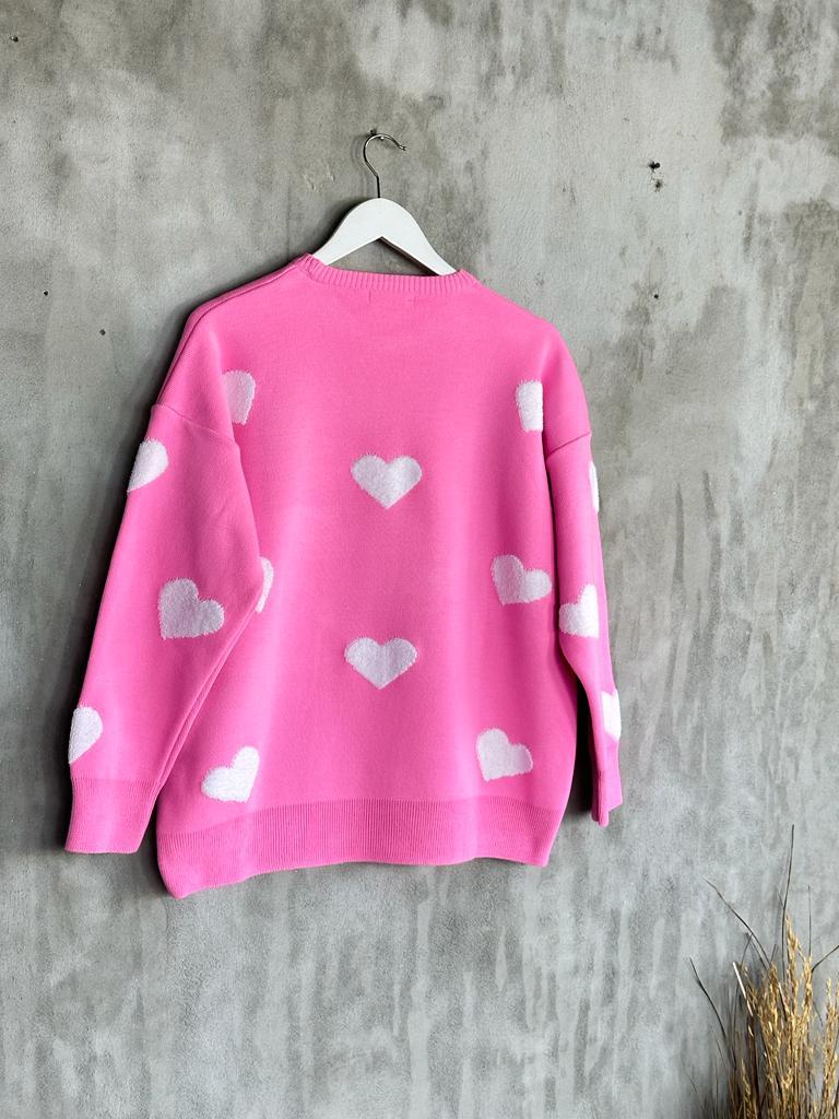 Kabartma Kalp Desenli Çelik Örme Kadın Kazak (Pembe) 