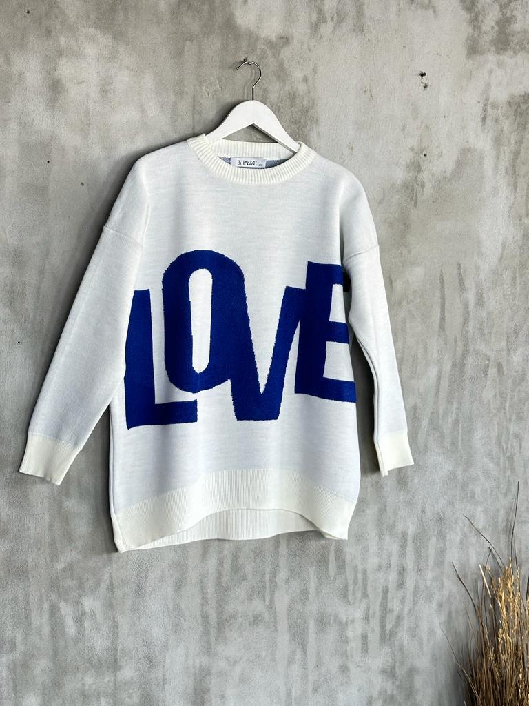 Kabartma Love Yazı Desenli Çelik Örme Kadın Kazak (Ekru)