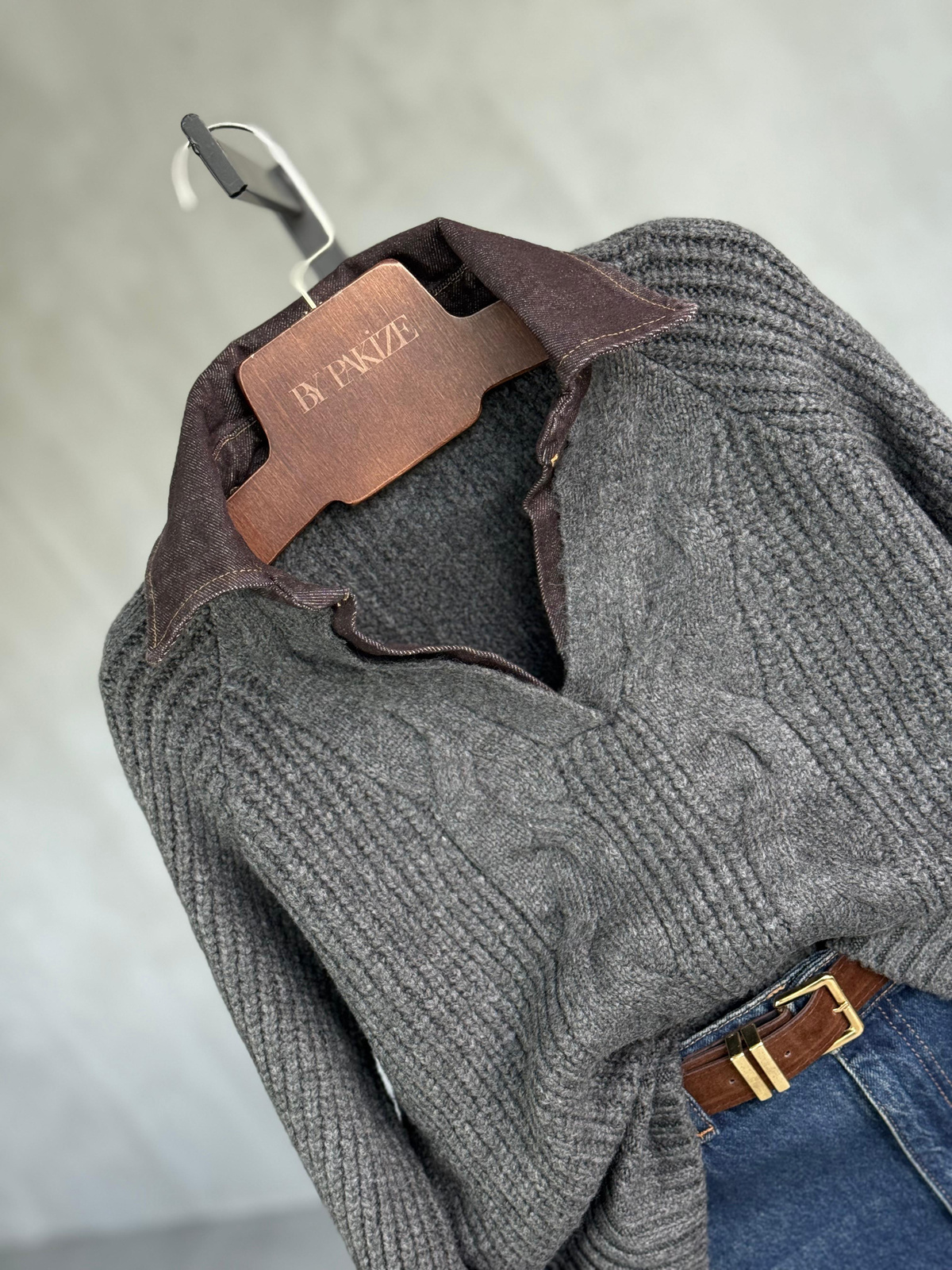 KAHVE Denim Detaylı Saç Örgü Kazak (Antrasit)