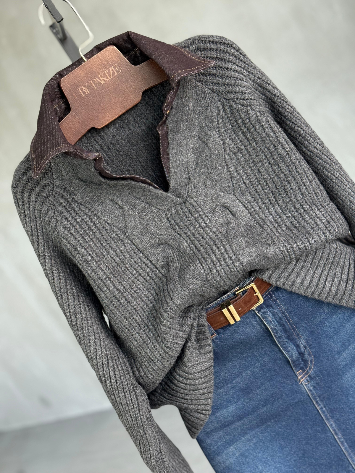 KAHVE Denim Detaylı Saç Örgü Kazak (Antrasit)