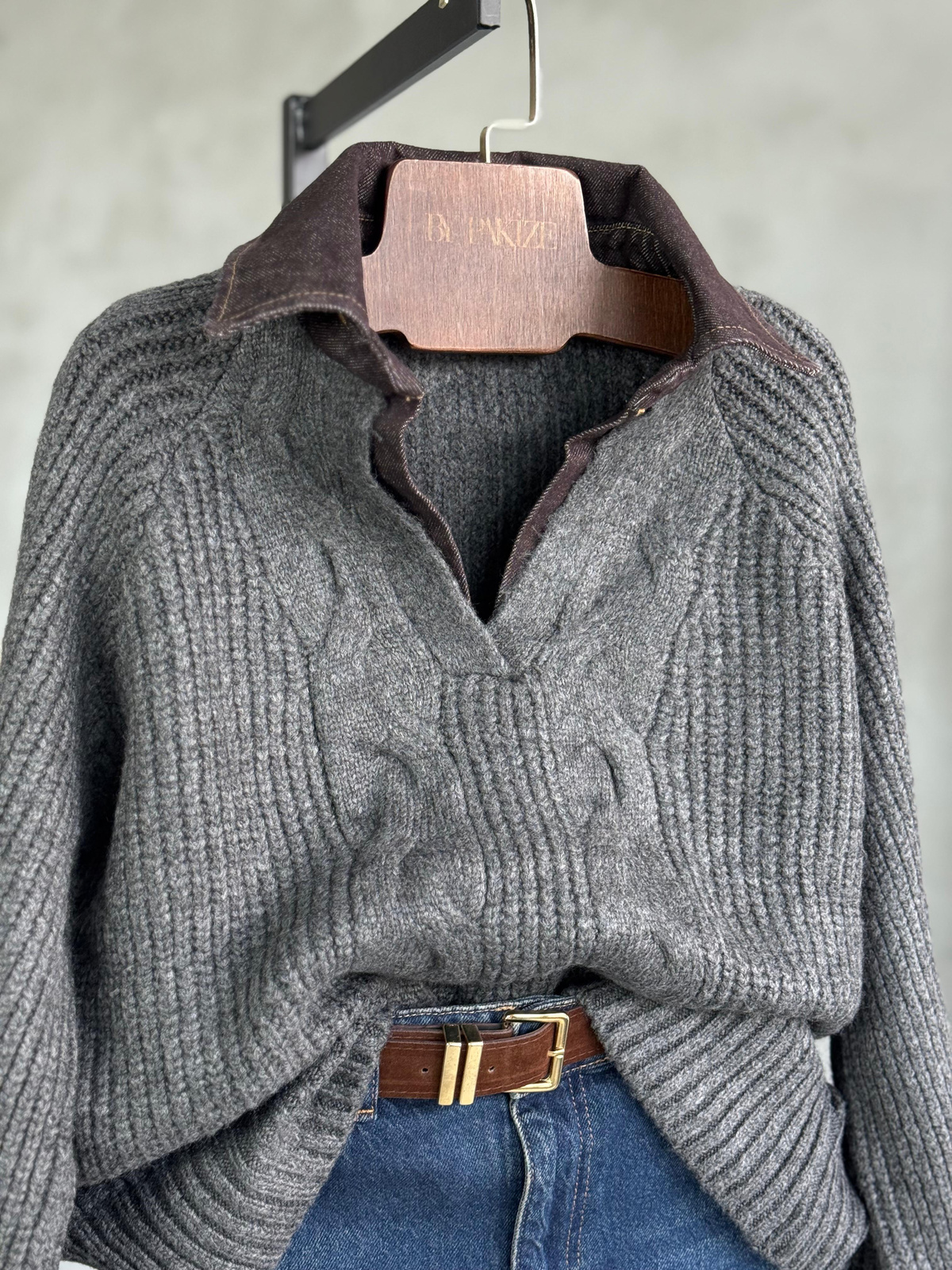 KAHVE Denim Detaylı Saç Örgü Kazak (Antrasit)
