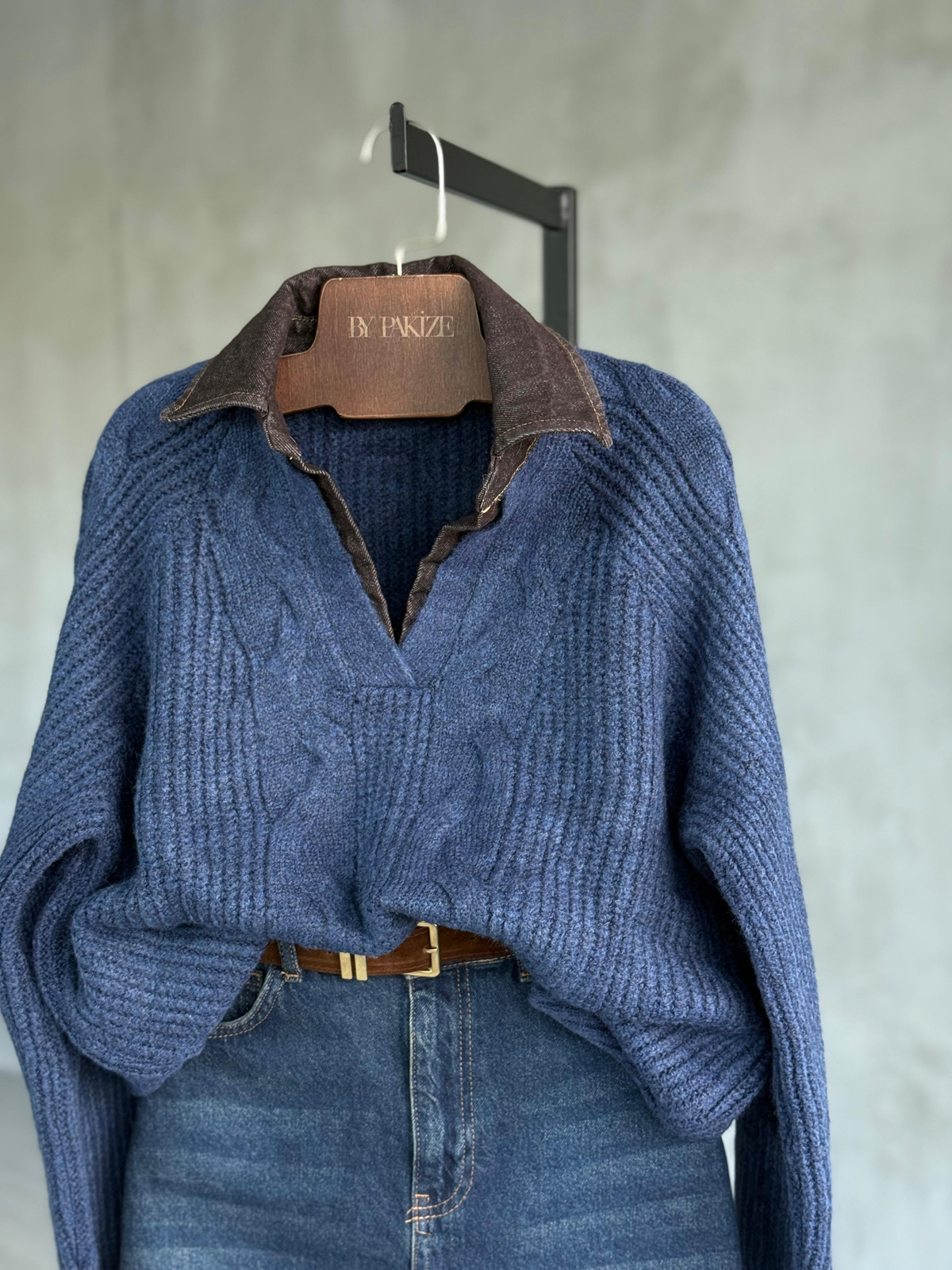 KAHVE Denim Detaylı Saç Örgü Kazak (Mavi)