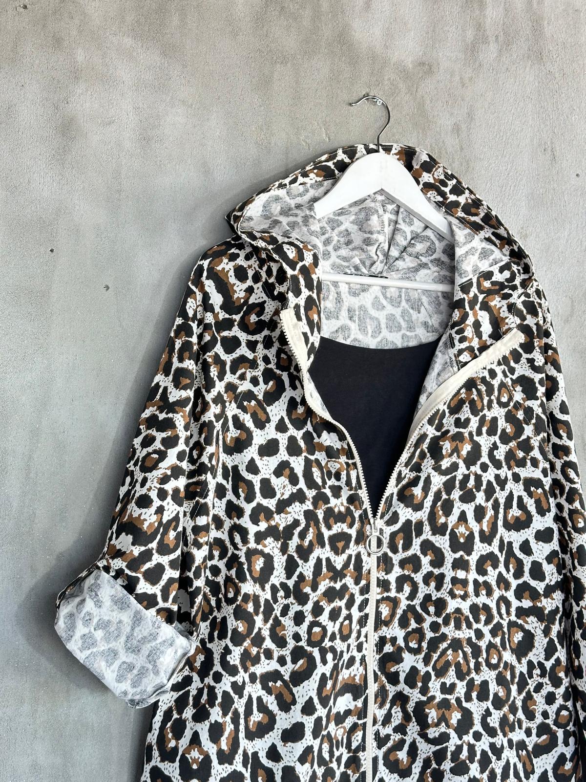 Kahverengi Leopar Desen Ham Keten Ceket 