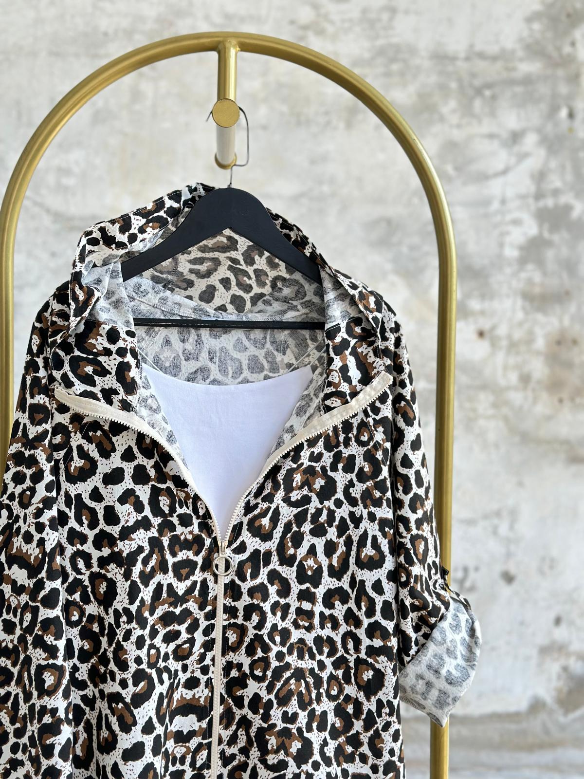 Kahverengi Leopar Desen Ham Keten Ceket 