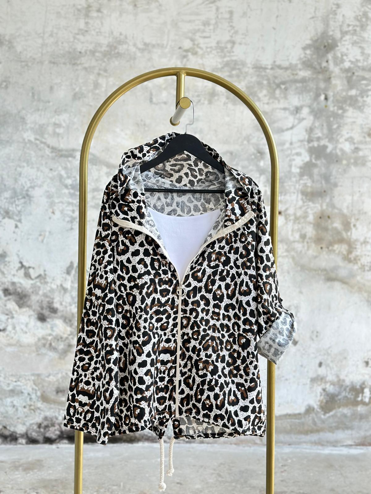 Kahverengi Leopar Desen Ham Keten Ceket 
