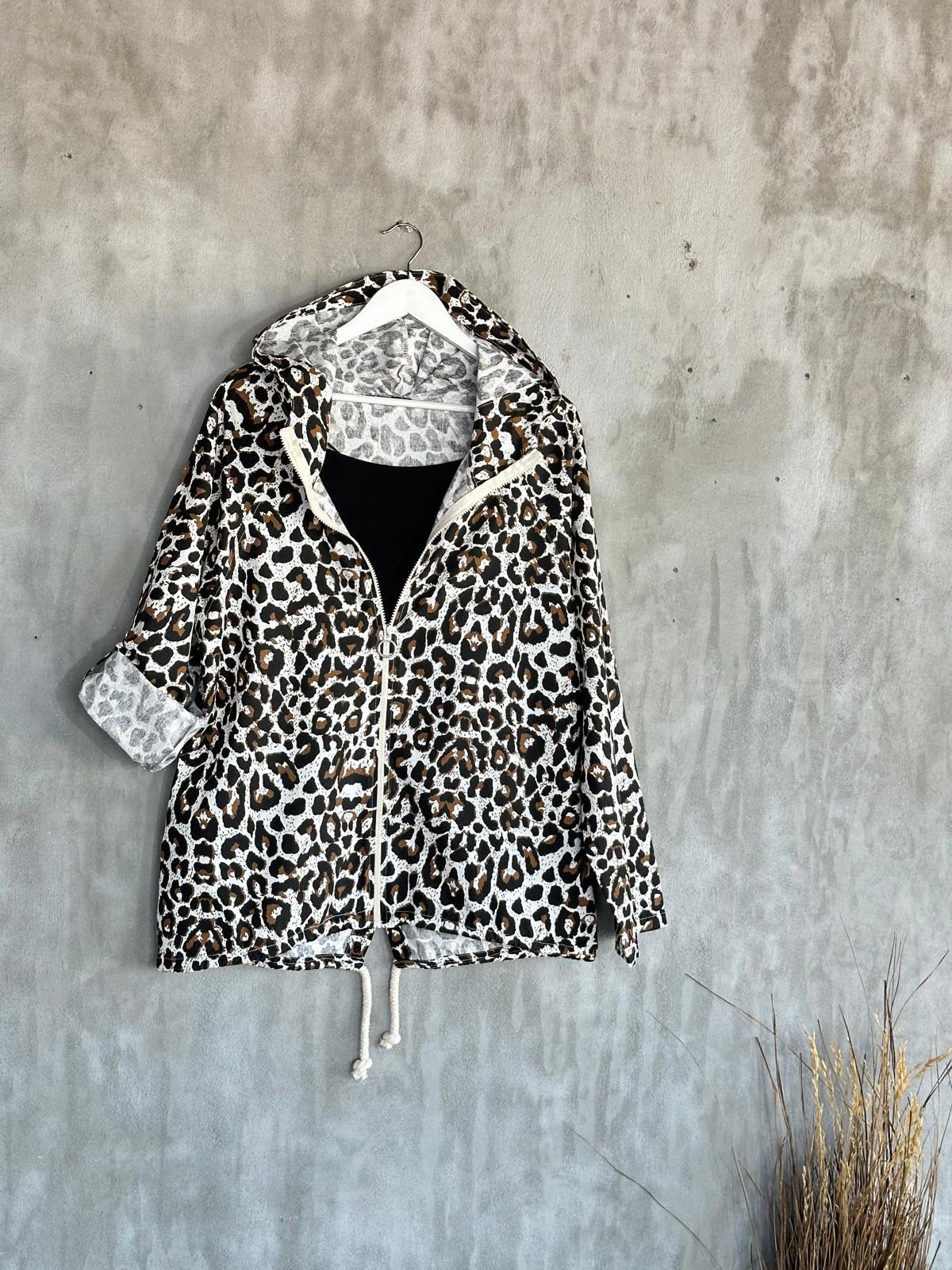 Kahverengi Leopar Desen Ham Keten Ceket 