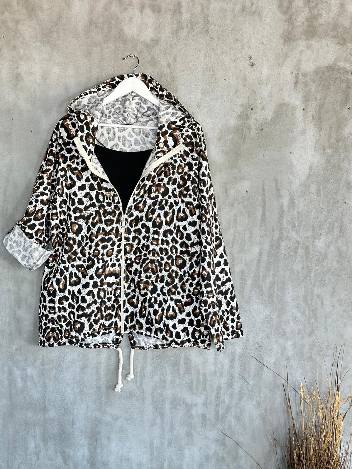 Kahverengi Leopar Desen Ham Keten Ceket 