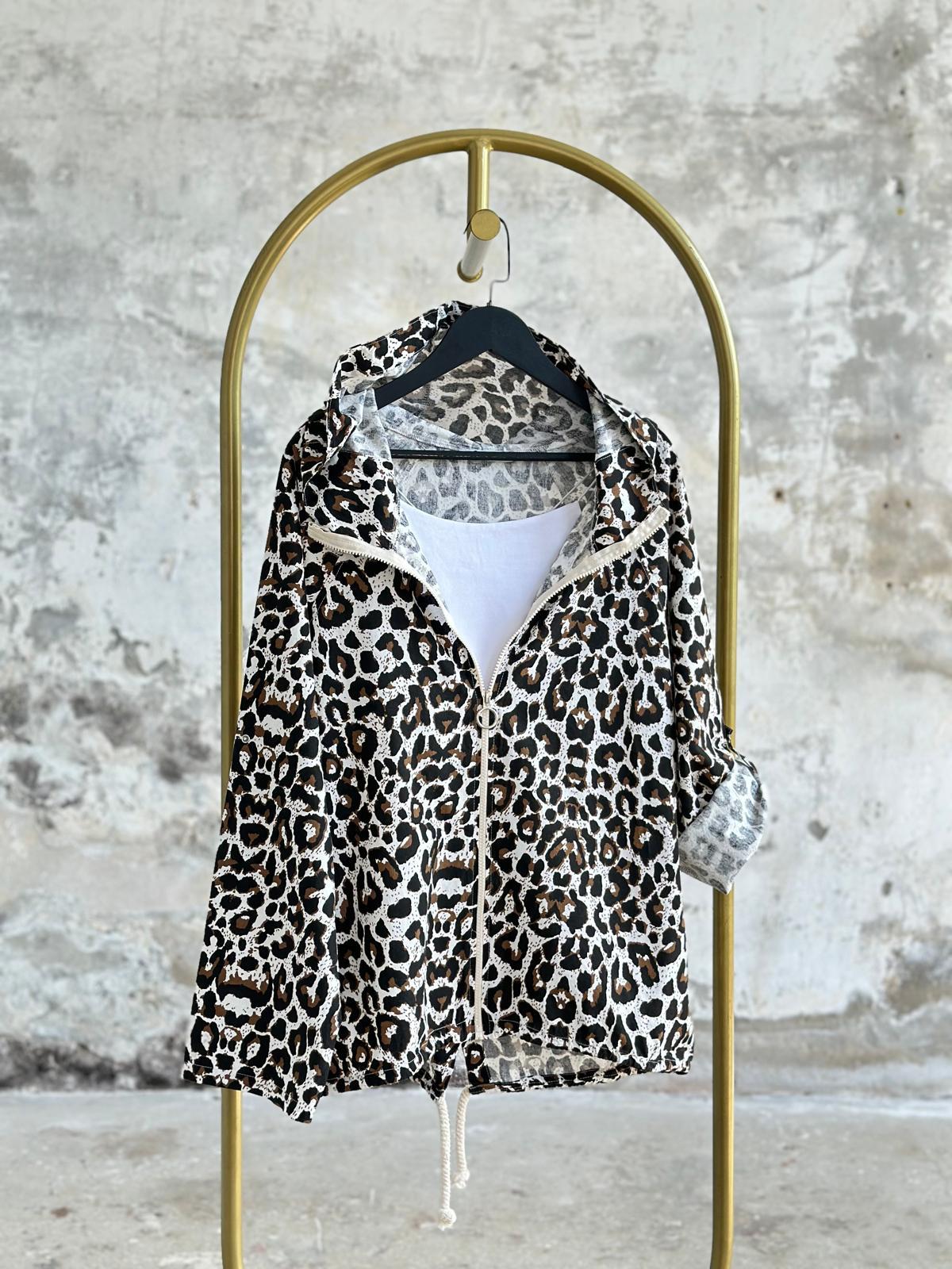 Kahverengi Leopar Desen Ham Keten Ceket 
