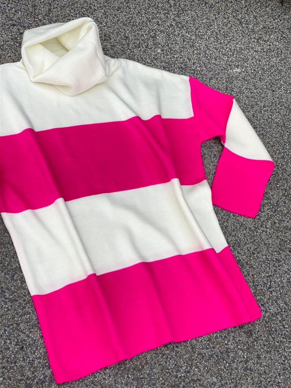 Kalın Çizgili Çelik Örgülü Oversize Kazak (Pembe)